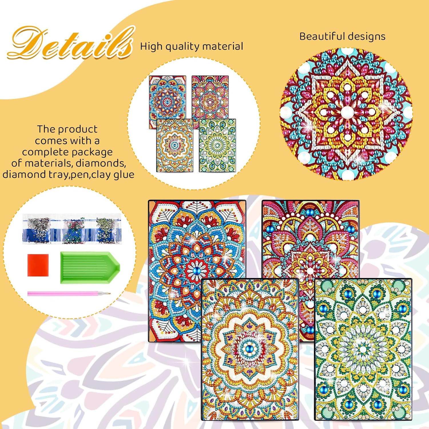 Fulmoon 4 Pcs A5 Diamond Painting Notebook Kits with Tools 5.8 x 8.3 Inch DIY 5d Art Cover Crystal Sketchbook Notepad for Teenagers' Birthdays, Graduation Crafts Gift Drawing Painting(Mandala Style)