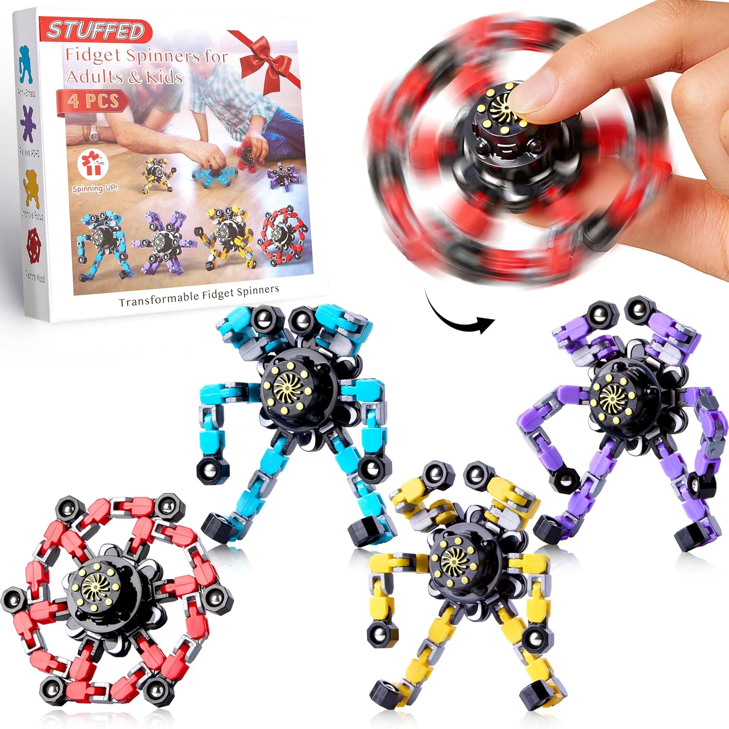 Transformable Fidget Spinners Toys for Kids, 4 Pcs Sensory Toys for Adults Teens with Autism Anxiety Stress Relief Gifts