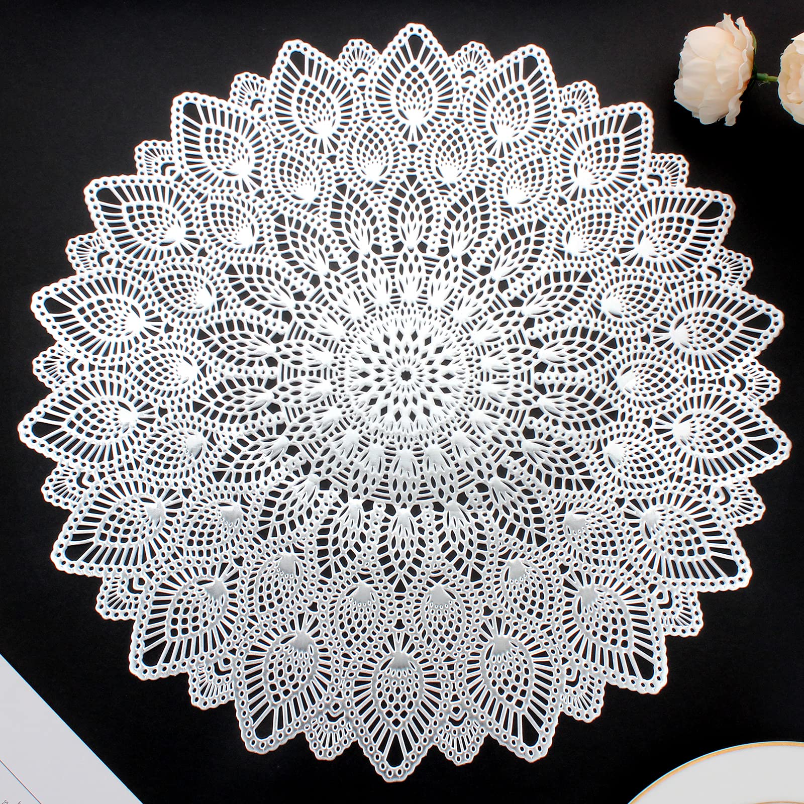 Mabbcoo Silver Round Hollow Out Placemats, Pressed Vinyl, 15x15 inch, Set of 8