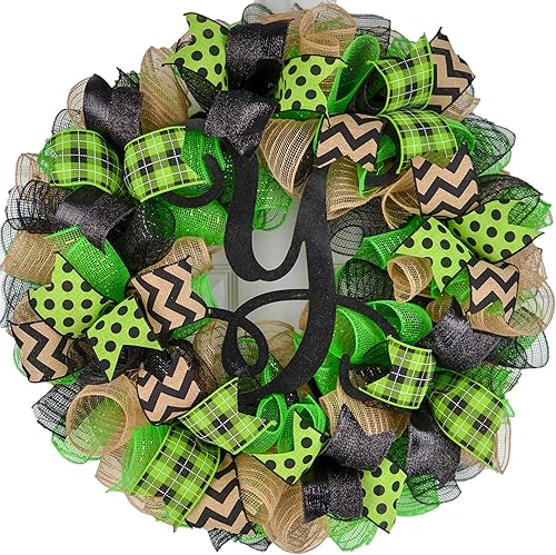 Miniatura 4 de Welcome Halloween, Black and Lime Green Wreath, Monogram Decorations for Halloween, Neutral Halloween Door Wreath, Halloween Office Decor : H4