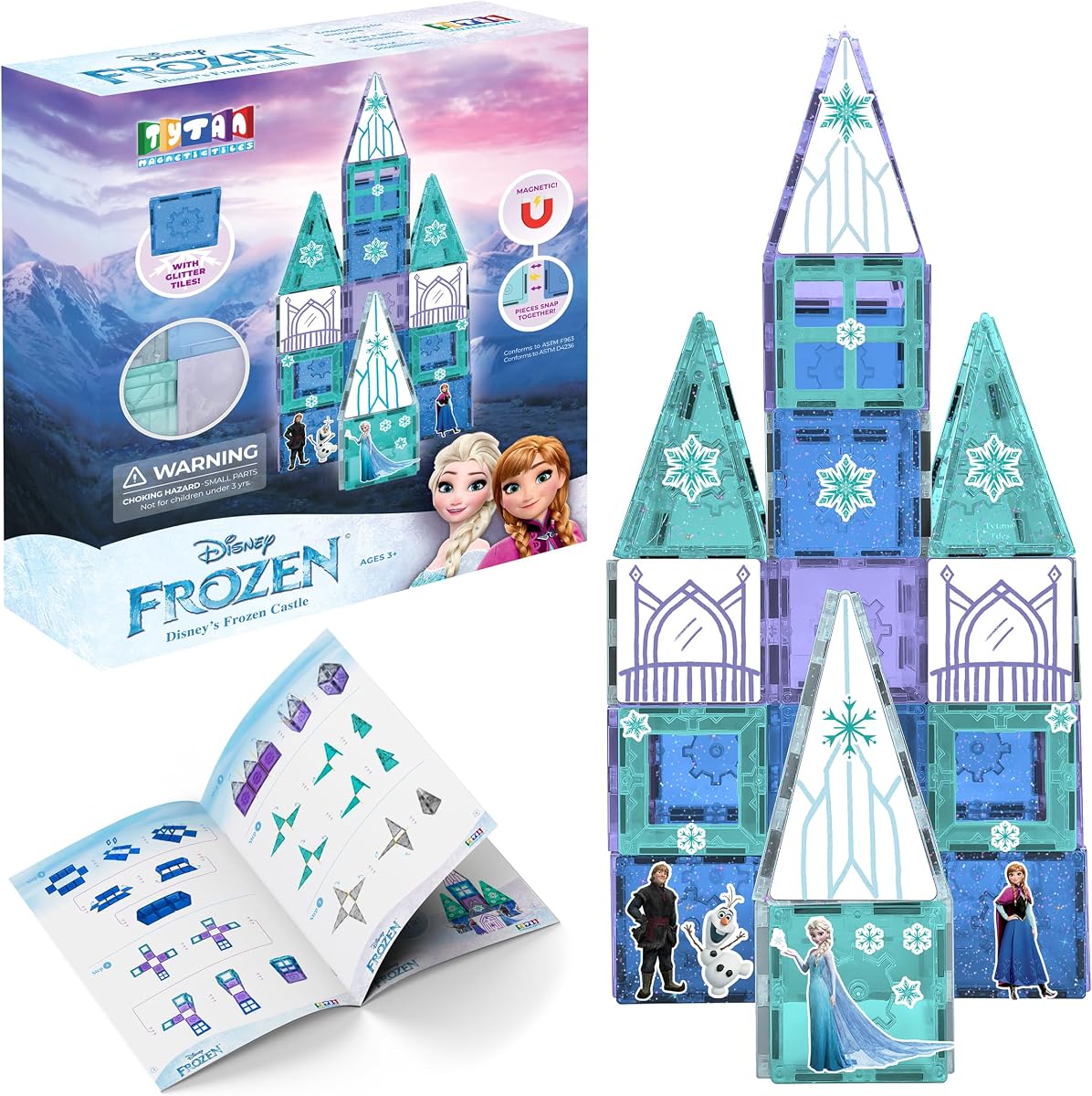 Toys Disney Frozen Magnetic Tiles Princess Castle - 68-Piece STEAM Building Set with Glitter Tiles & Elsa, Anna, Olaf Stickers - Educational Frozen Toys for Girls Age 3-4+