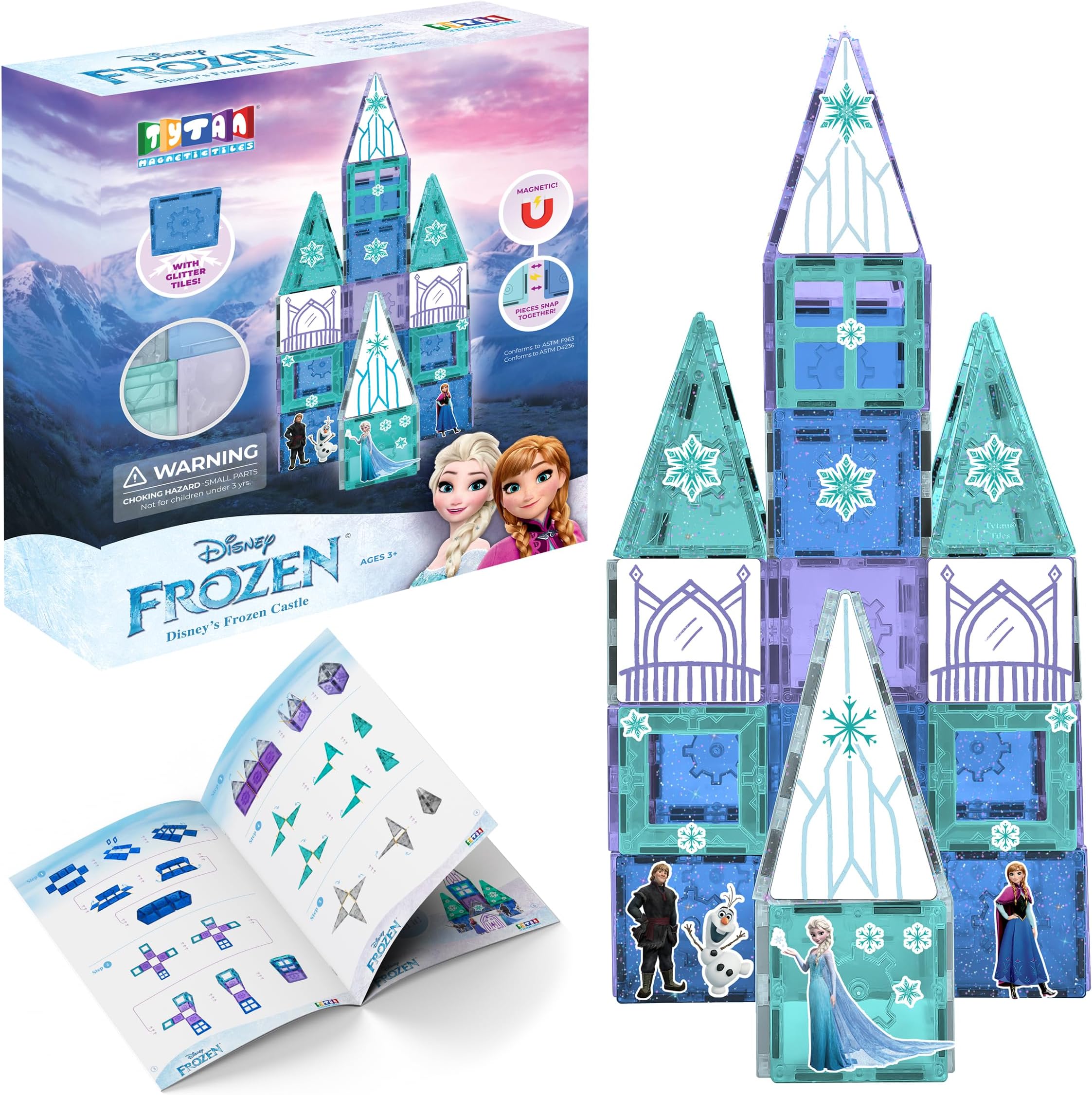 Tytan Toys Disney Frozen Magnetic Tiles Princess Castle - 68-Piece STEAM Building Set with Glitter Tiles & Elsa, Anna, Olaf Stickers - Educational Frozen Toys for Girls Age 3-4+