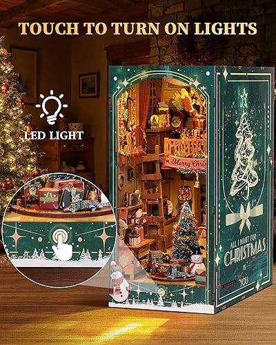 Miniatura 2 de RONSTONE Kit de rincón de libros de bricolaje, kit de casa de muñecas de Navidad en miniatura 3D rompecabezas de madera con luz LED, kits