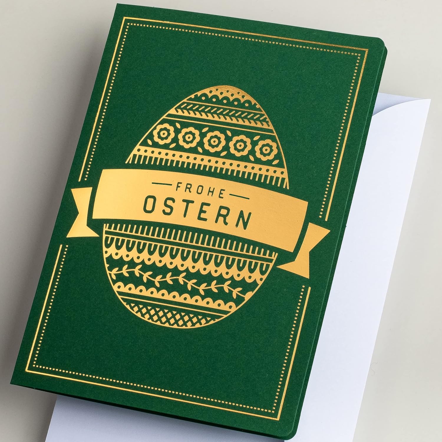 Exclusive Easter Cards - Set of 10 Manual Cards in Green 120 x 170 mm, Gold-Plated and Embossed Easter Motifs Made from Matte Jewellery Paper, with Beige Inserts and envelopes