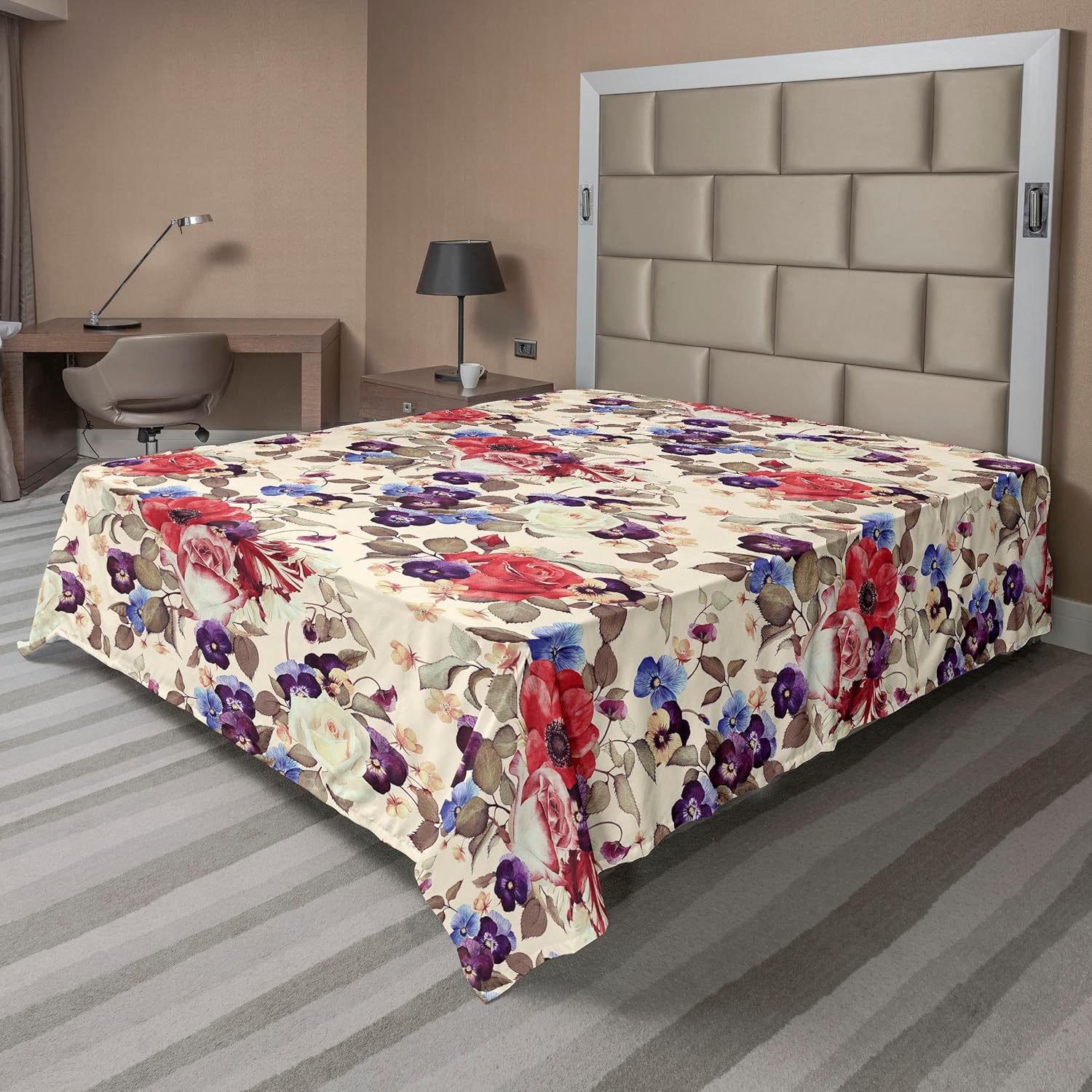 Ambesonne Floral Flat Sheet, Vintage Flower Pattern Lily Like Blossoms Watercolor Effect Pastel Tone, Soft Comfortable Top Sheet Decorative Bedding 1 Piece, Queen Size, Almond Rose Turquoise