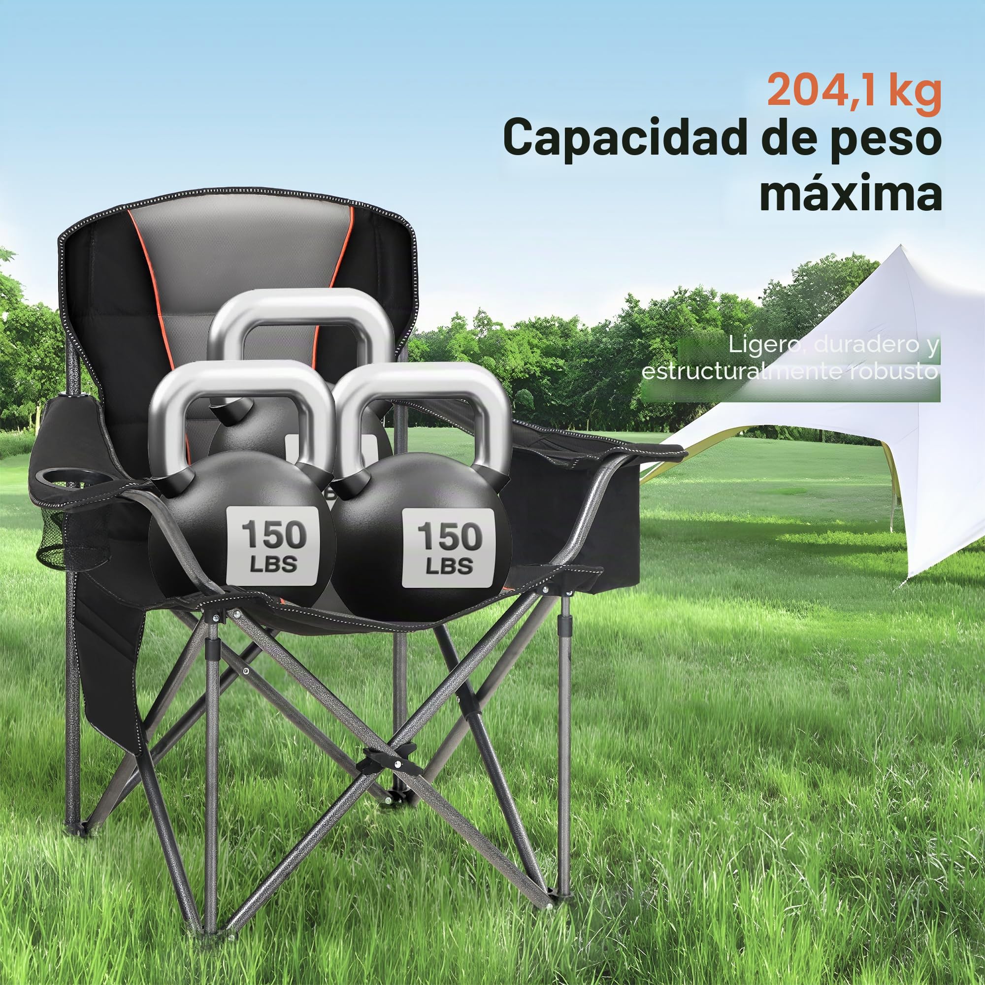 HIGH POINT SPORTS Silla Camping Plegable Silla Plegable Portátil de Gran Tamaño, Silla Plegable Negro Resistente al Aire Libre con Portavasos y Bolsa Enfriadora, Soporta 200KG