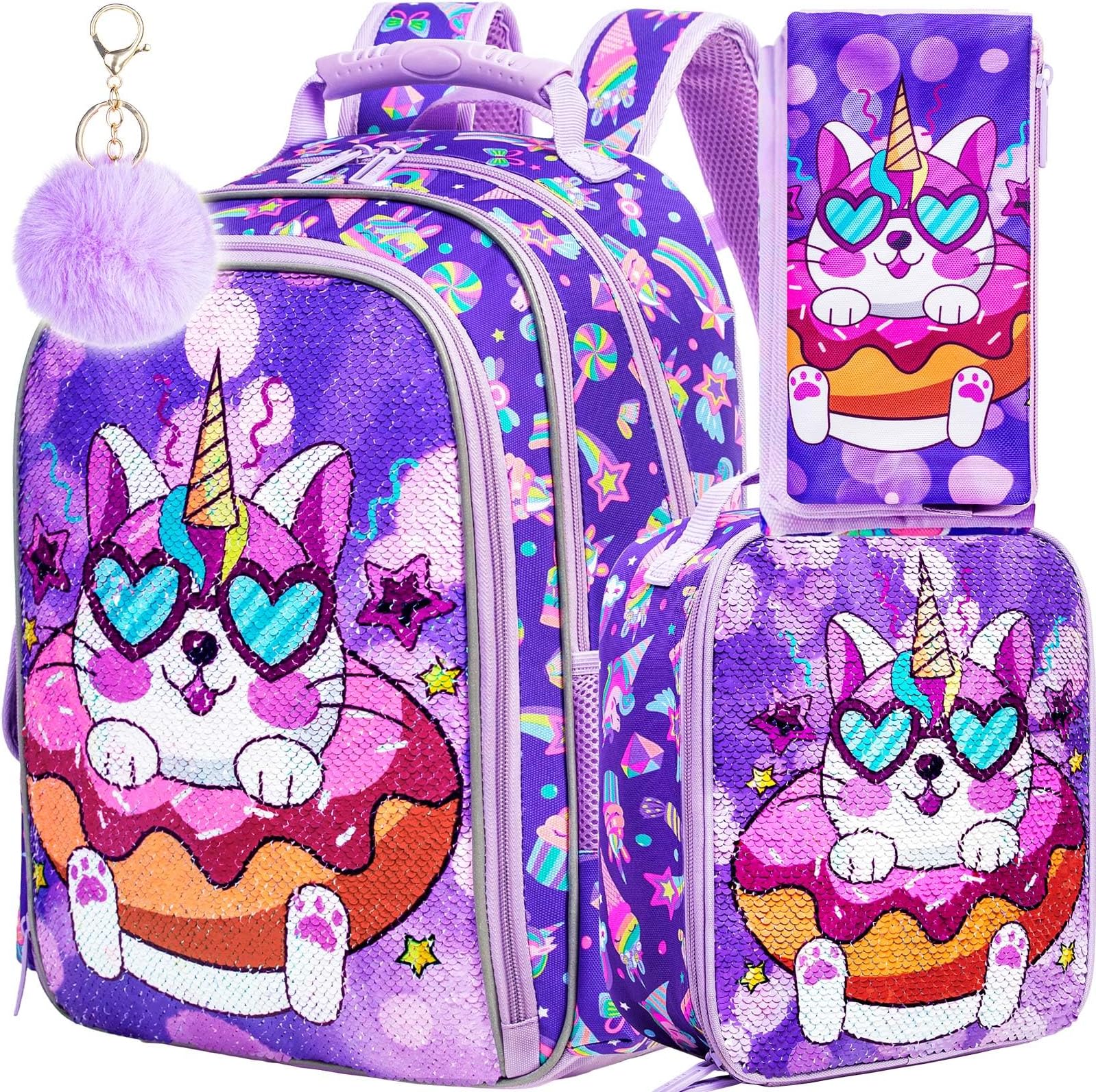 AGSDON3PCS Kids Backpacks for Girls, 16" Little Kid Preschool School Bookbag and Lunch Box - Unicorn/Mermaid/Flamingo