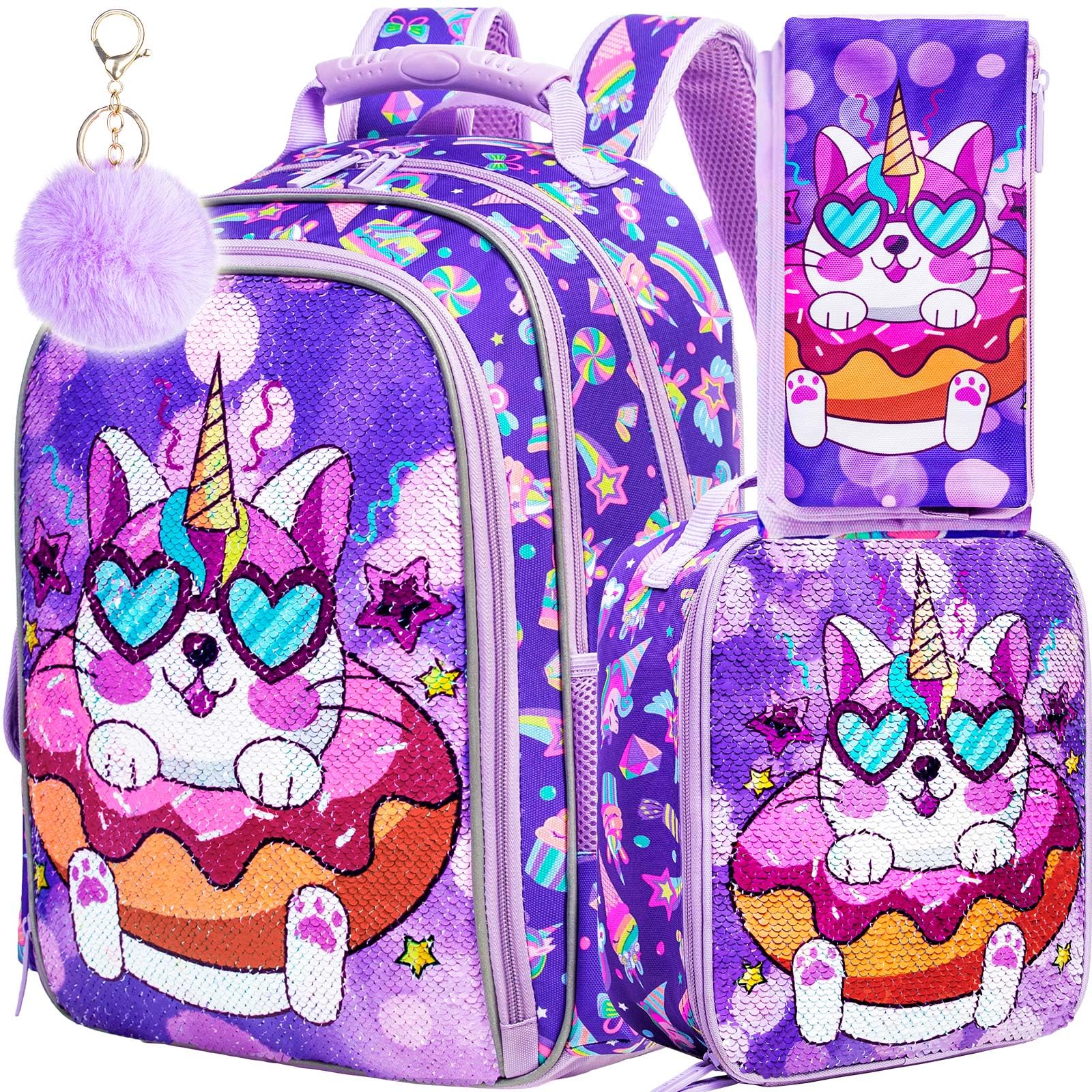AGSDON3PCS Kids Backpacks for Girls, 16" Little Kid Preschool School Bookbag and Lunch Box - Unicorn/Mermaid/Flamingo