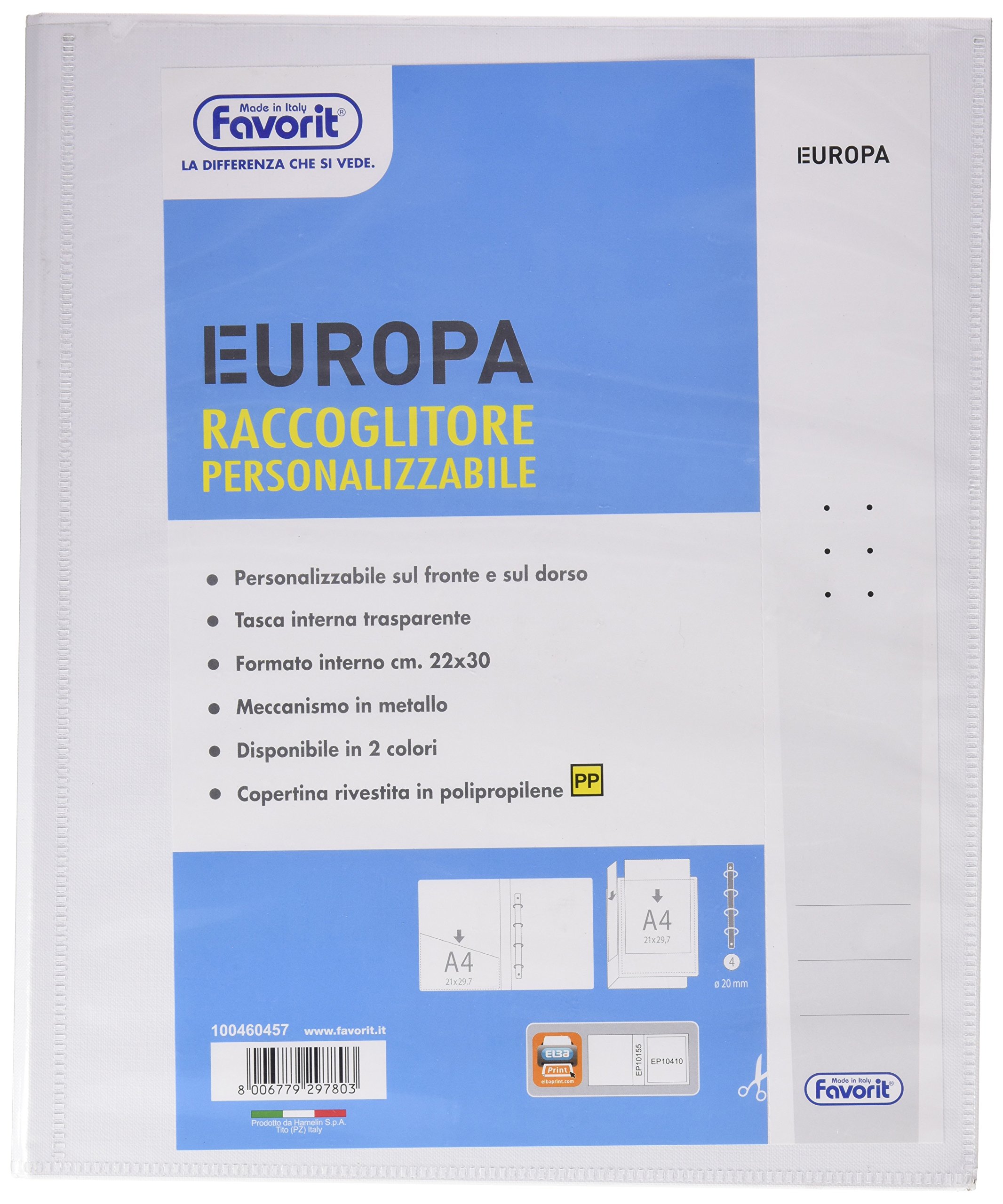 Raccoglitore Ad Anelli Favorit Europa 22x30 Cm - 4 Anelli Da 15 Mm, Bianco, Personalizzabile, Pacco Da 20 Pezzi