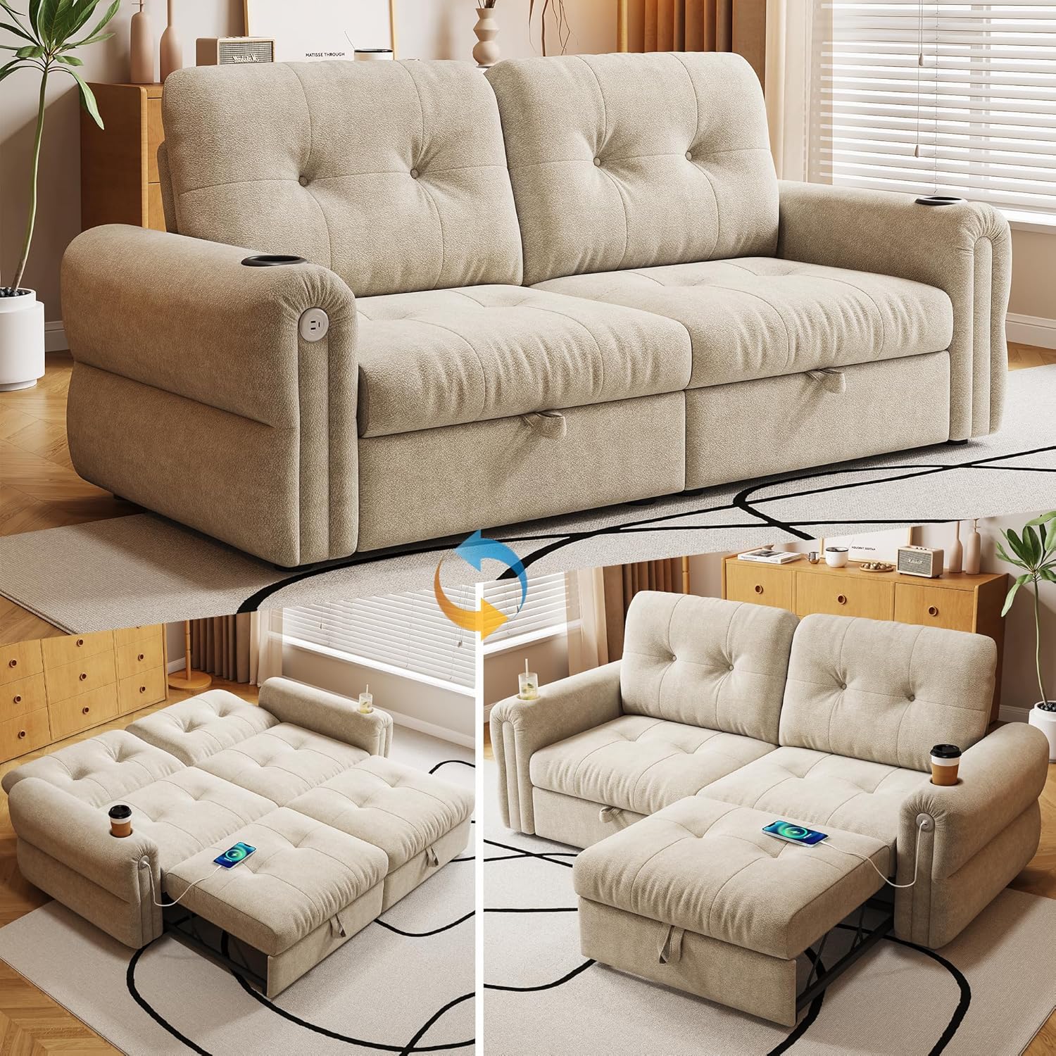 77'' Convertible Sofa Bed, 2-in-1 Velvet Sleeper Sofa for Small Spaces, Modern Loveseat & Guest Bed, Apartment & Dorm Furniture, Beige