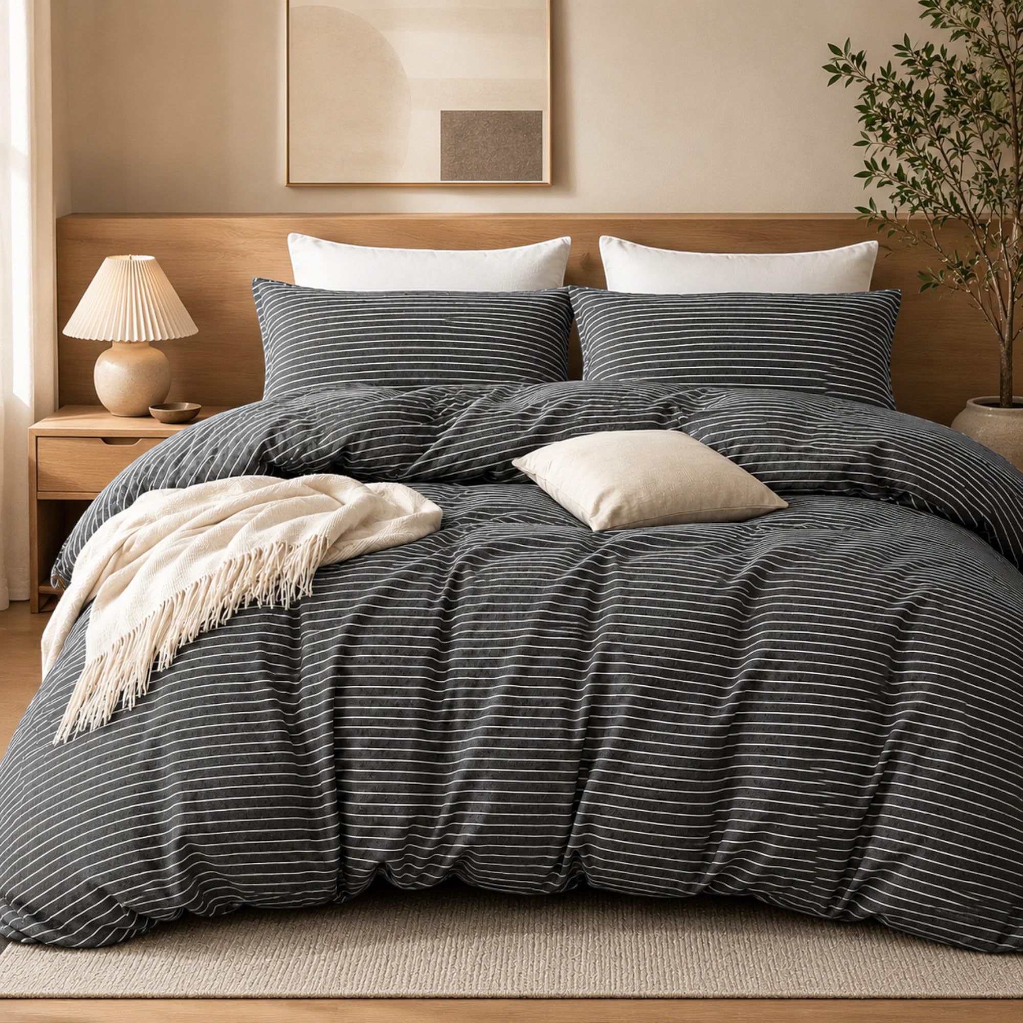 Grace Charcoal Stripe Super King Duvet Set - Premium Microfiber Reversible Superking Duvets Sets (260 X 220 Cm) 3 Pcs - Ultrasoft Hypoallergenic Luxury Quilt Cover Super King Bedding Sets With Zipper Closure