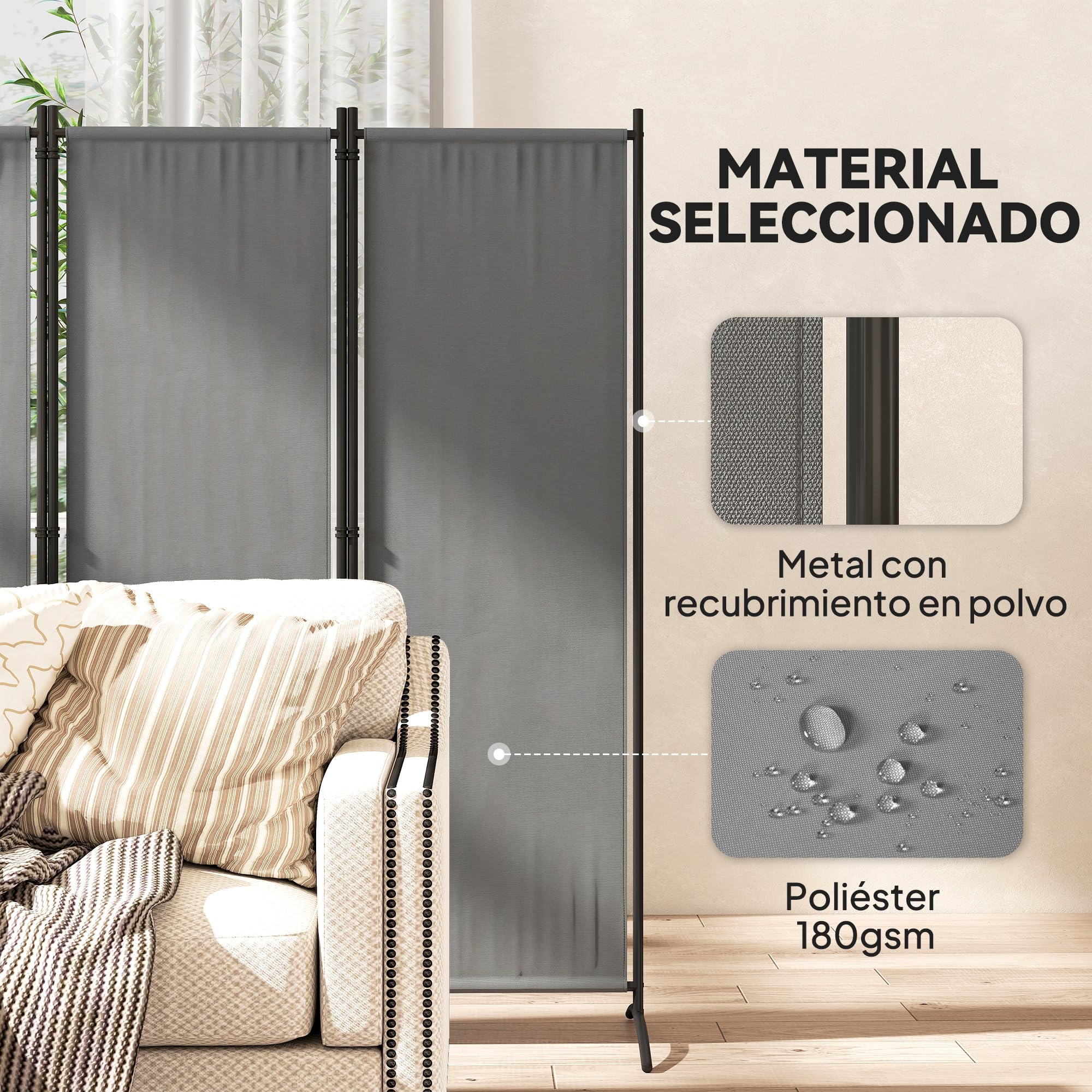 Outsunny Biombo Separador de Ambientes de 4 Paneles, 221x172 cm, Pantalla de Privacidad Plegable con Patas Anchas, Biombo Interior para Salón, Oficina, Dormitorio, Gris Oscuro