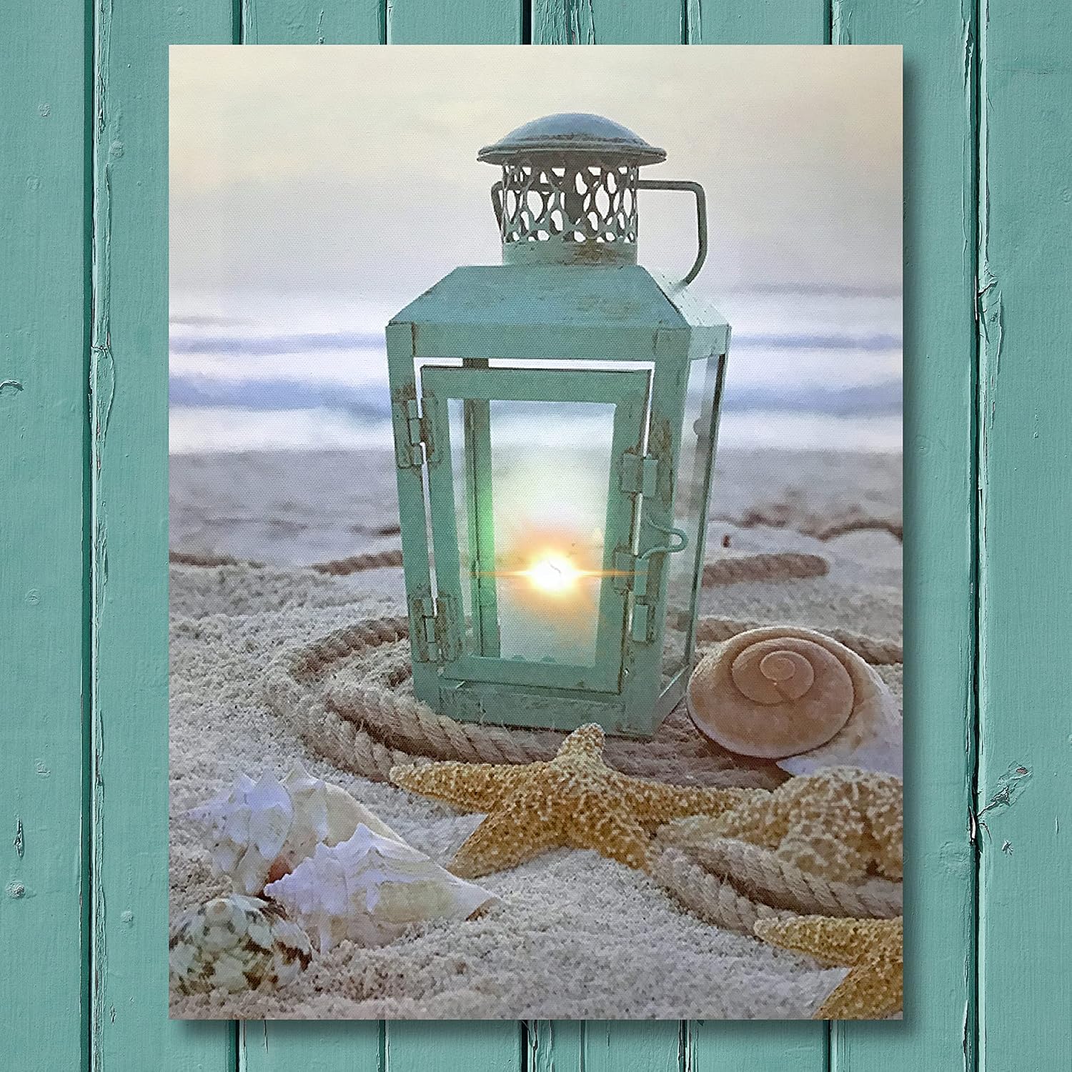 BANBERRY DESIGNS Beach Decoration - LED Print with a Teal Lantern Sitting on the Beach - Seaside Setting with Shells and Starfish Ocean