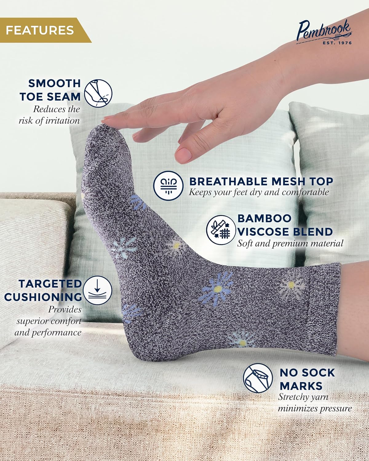 Pembrook Ankle Diabetic Socks for Women & Men - 4 Pairs Flowers (Gray, Dark Gray, Purple, Pink), Moisture-Wicking, Wide Top, Quarter Non Binding Socks - Image 4