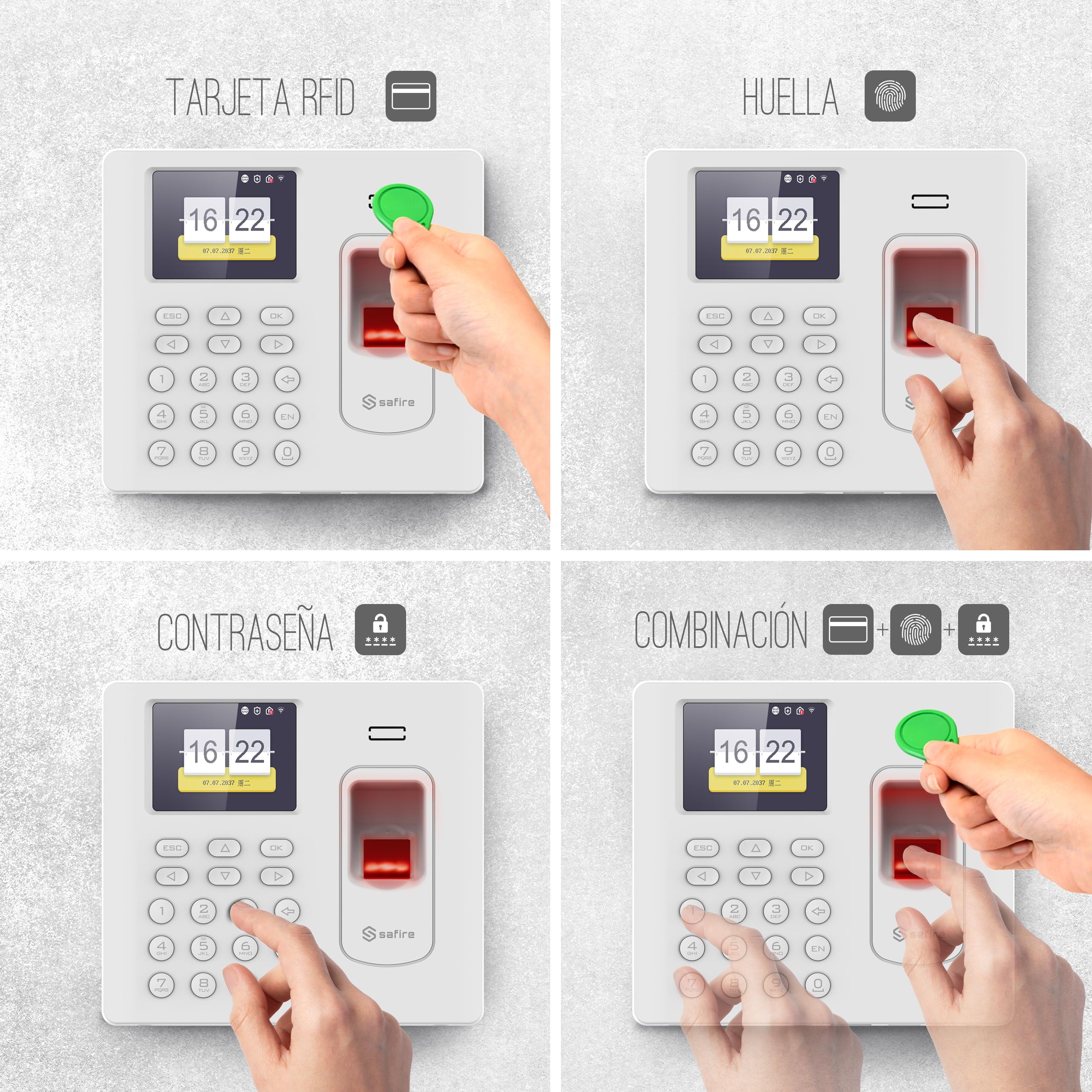 Safire-Control de Presencia WiFi |Huella | Tarjeta RFID y Teclado | Capacidad de 1.000 Huellas y 100.000 Registros | Software Incluido
