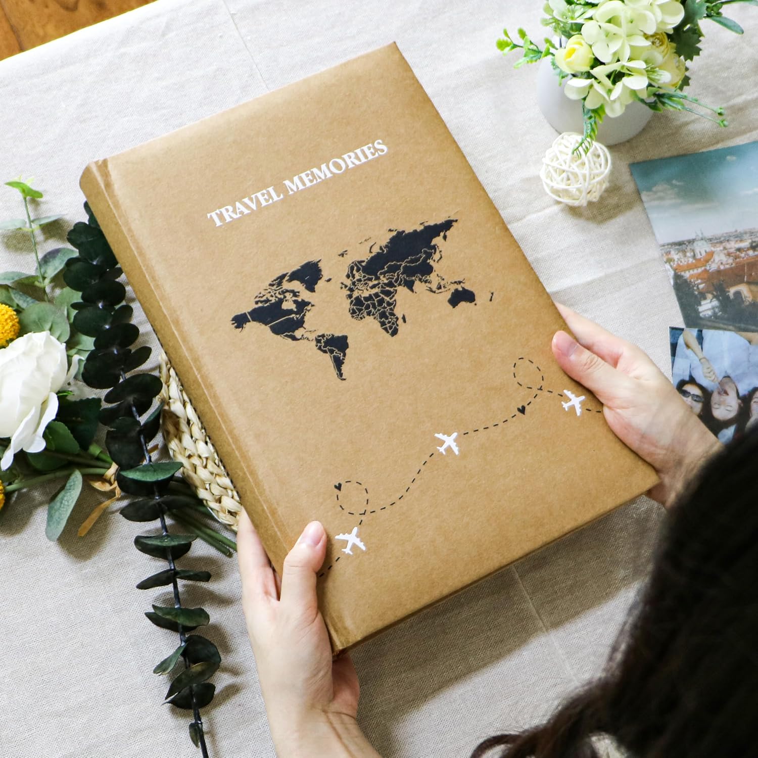 Holoary Photo Album 4x6 300 Photos 3 Pictures Per Page, 300 Pockets 4x6 Inches with Writing Space, Kraft Paper Cover Travel Design World Map Adventure Vacation Travel Photo Album