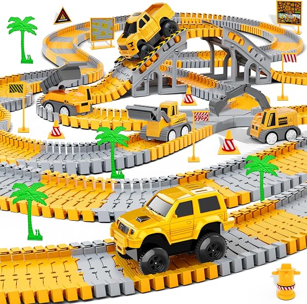 Kids Toys Construction Race Tracks Toys for 3 4 5 6 7 8 Year Old Boys, Construction Truck Car and Flexible Track Playset