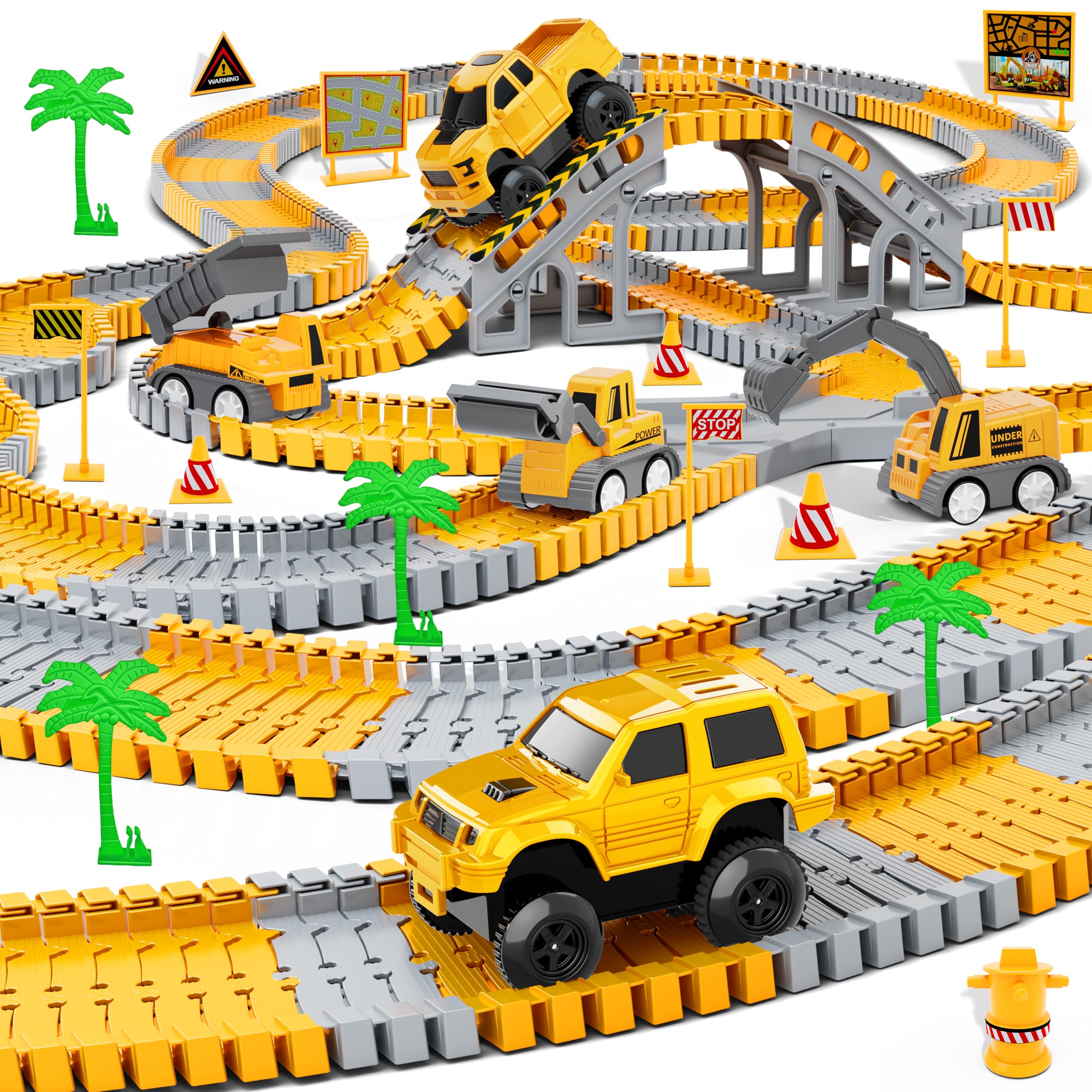 Kids Toys 253 PCS Construction Race Tracks Toy for 3 4 5 6 7 8 Year Old Boys Girls, 5 PCS Construction Truck Car and Flexible Track Play Set Create A Engineering Road Games Toddler Toys Birthday Gifts