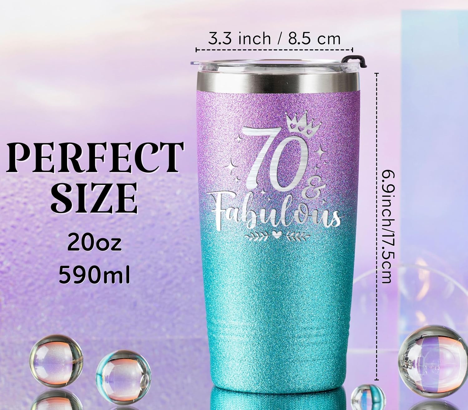 70th Birthday Gifts for Women, 70 & Fabulous, 70th Birthday Gift Idea for Women, 70th Bday Gifts, Stainless Steel Tumbler 20Oz - Glitter - Image 2