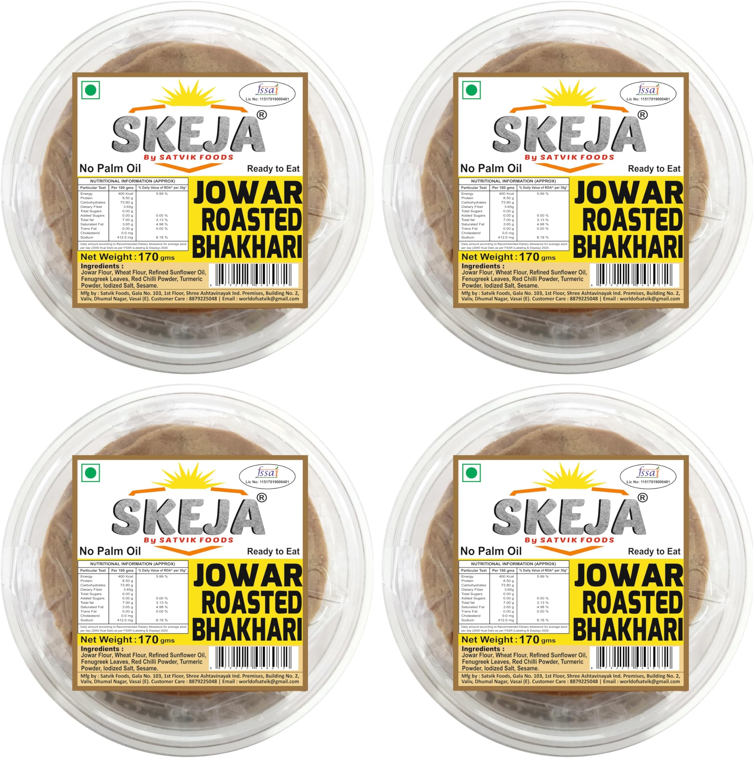 SKEJA by Satvik Foods Roasted Jowar Bhakhari | Roasted Bhakhri | Jowar Bhakri 170 gram (Pack of 4)