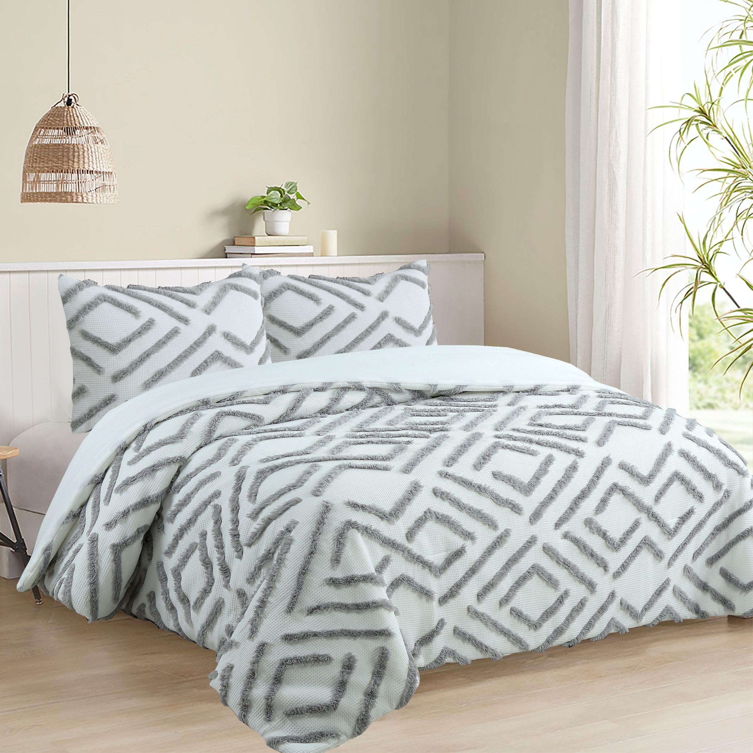 Colcha Boutí Cama 90 (180x270) Blanca Estampada - Moderna y Ligera con Diseño Artesanal 100% Microfibra Extrasuave - Cubrecama para Verano y Entretiempo con 1 Funda de Almohada (50x70) (Yakarta)
