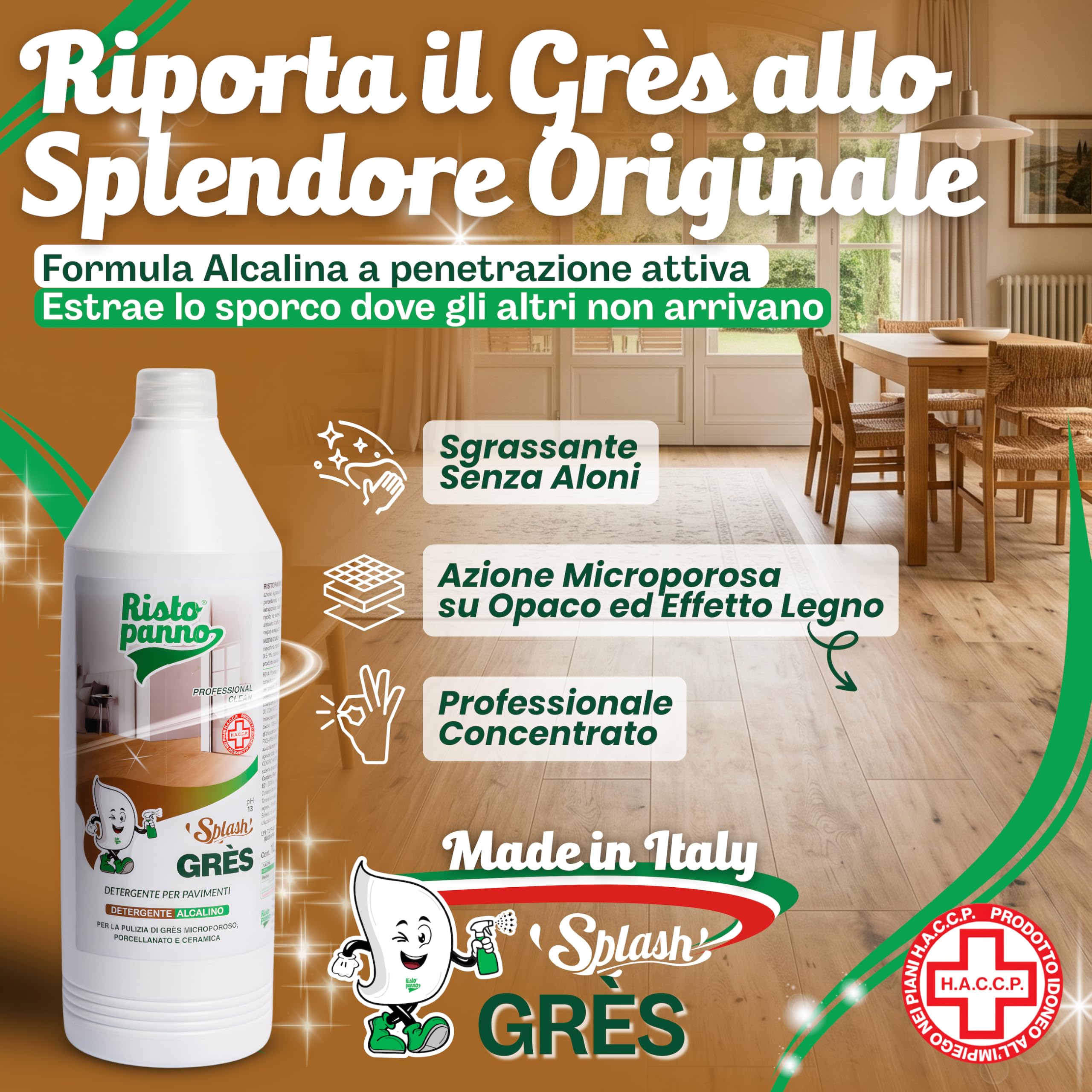 4PZ x 1L Lavapavimenti Professionale Alcalino - Formula pH 18 | Detergente per Grès Porcellanato e Ceramica - Azione Sgrassante - Uso Manuale e Lavasciuga - Prodotti Pulizia SPLASH GRES