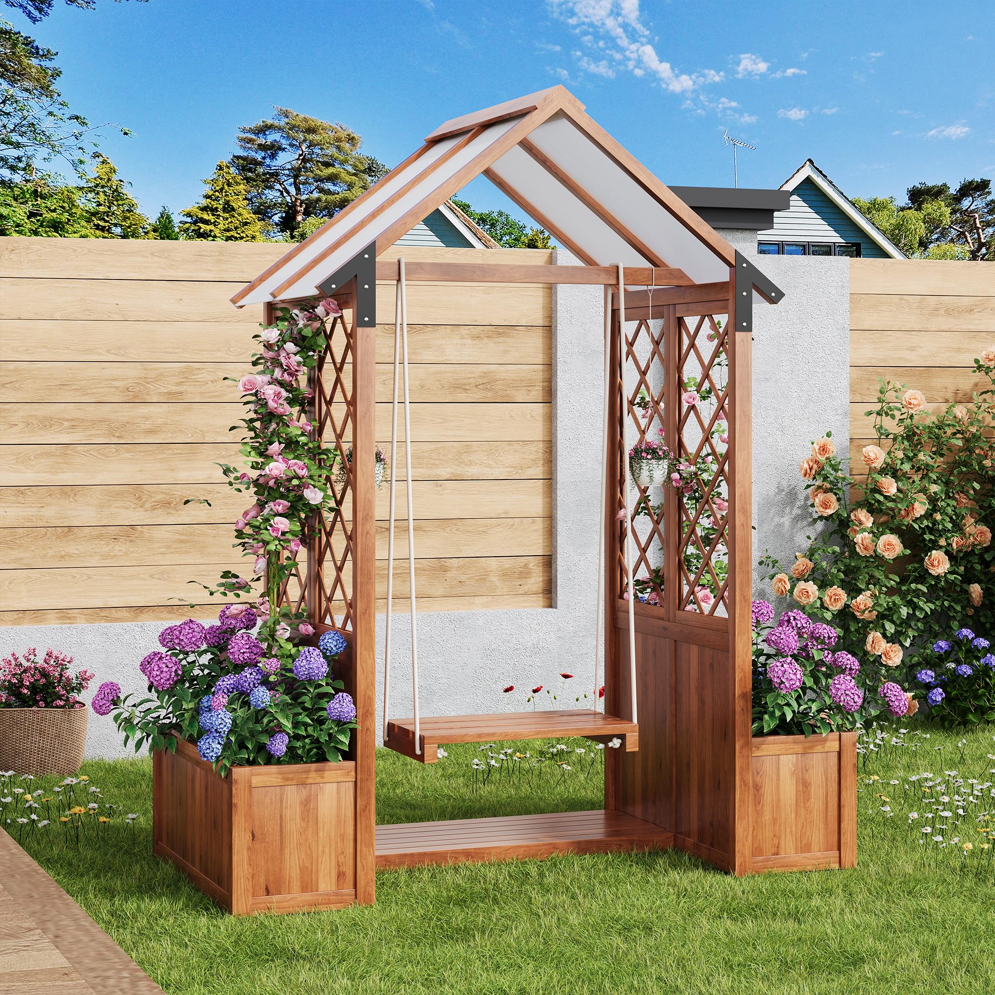 BTM Jardinera con celosía, maceta con columpio, jardineras al aire libre con toldo de policarbonato, bandeja de planta para jardín, patio, terraza, 142x70x163 cm, marrón