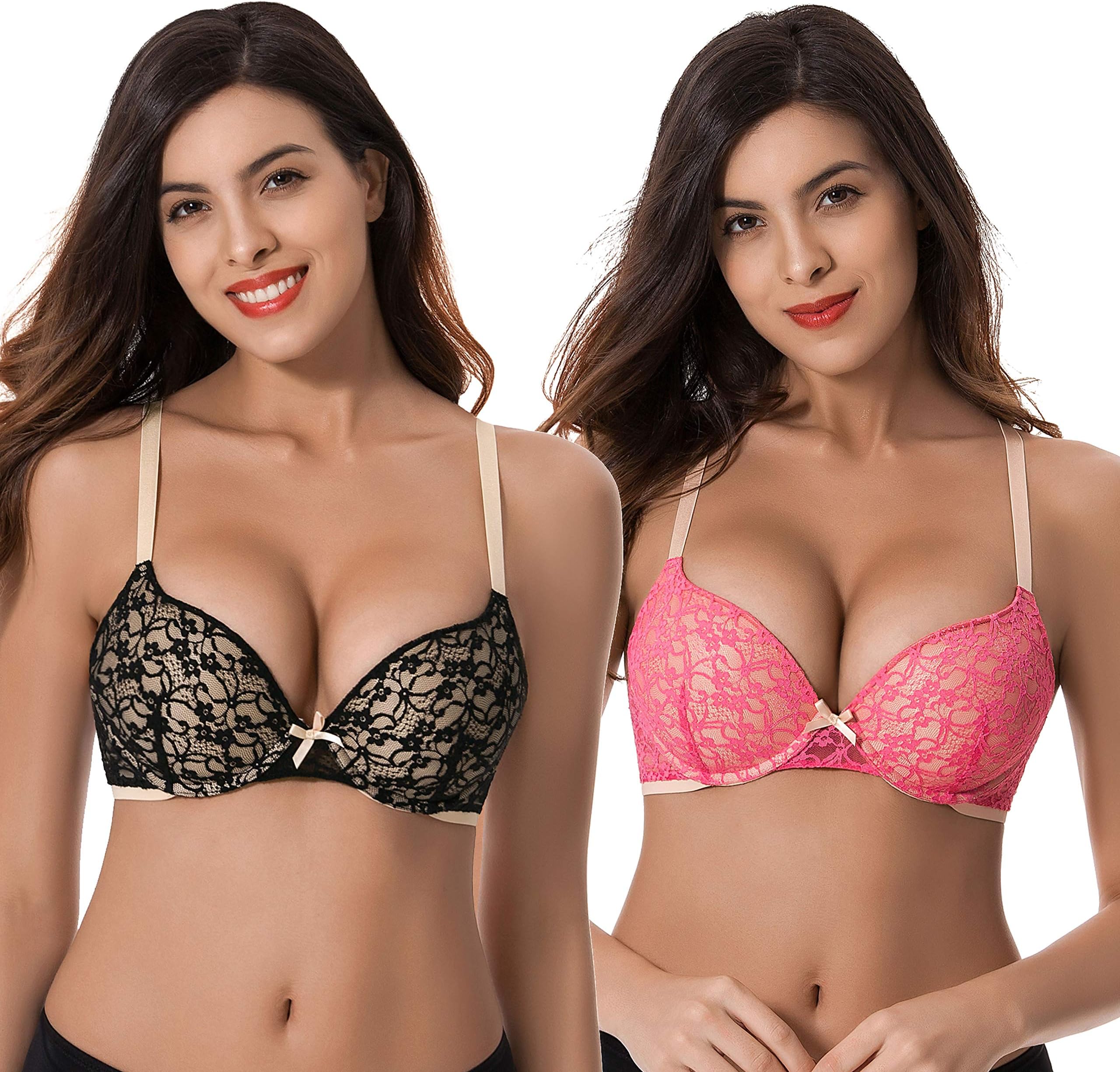 Curve MuseWomen's Plus Size Perfect Shape Add 1 Cup Push Up Underwire Lace Bras