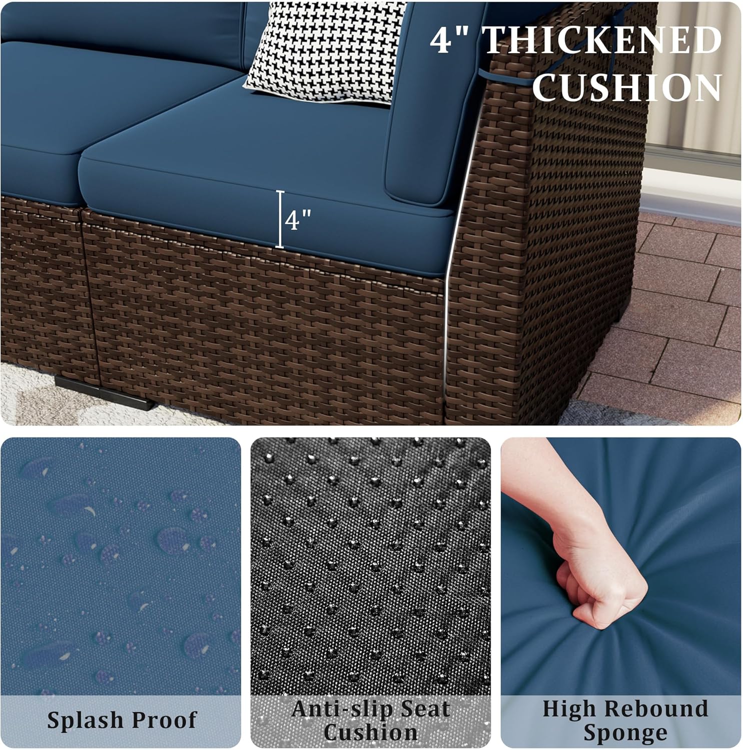 Close-up of the 4-inch thickened cushion with splash-proof, anti-slip, and high-rebound sponge features highlighted.