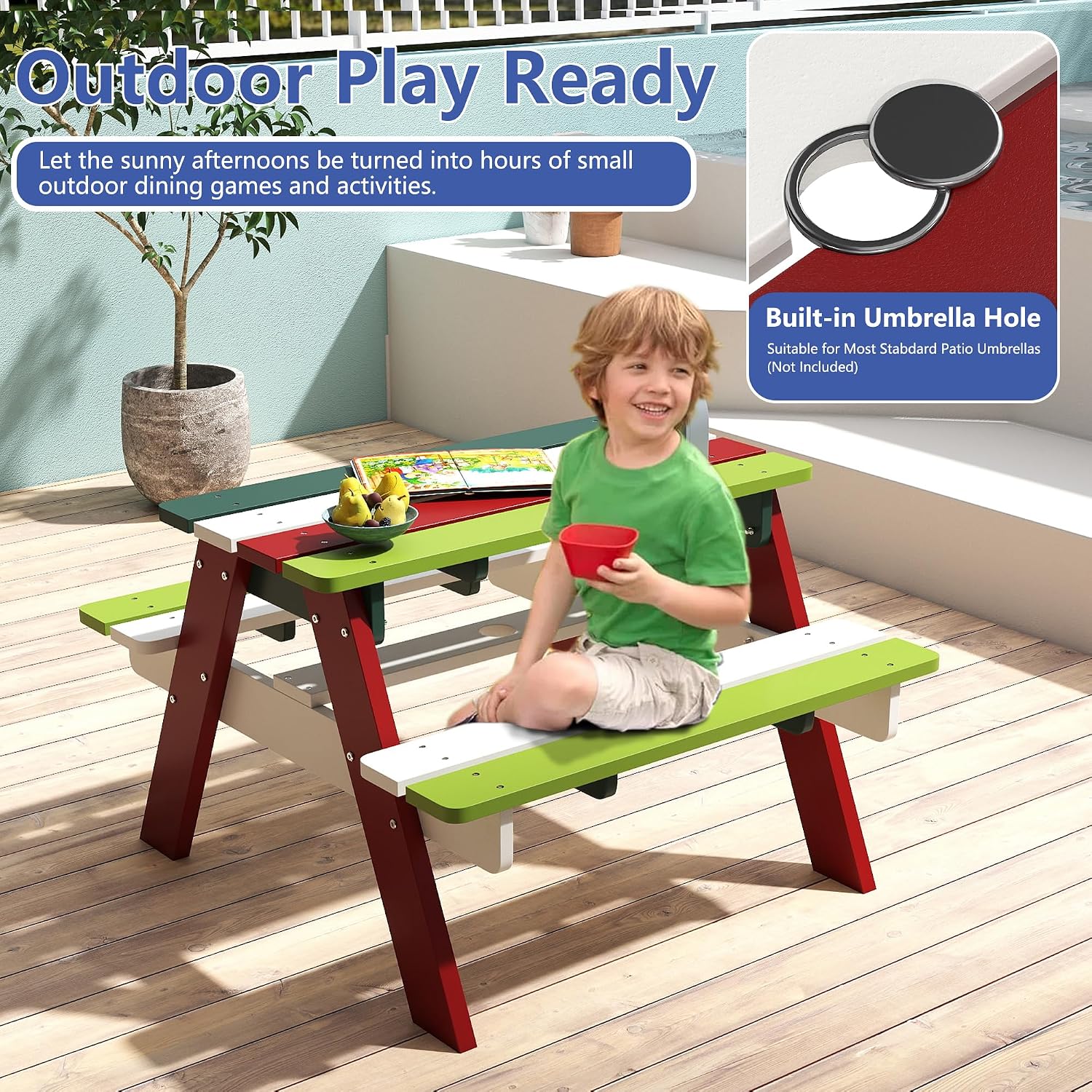 FOOWIN Kids Picnic Table, HDPE All Weather Toddler Picnic Table, Kids Outdoor Table and Chair Set w/Umbrella Hole for Patio, Backyard, Garden, Lawn, Colored Red