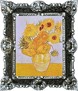 Stampa su Carta Telata Quadro Vincent Van Gogh I Girasoli con Cornice in Stile Barocco 45X37 cm (Nero/Argento)