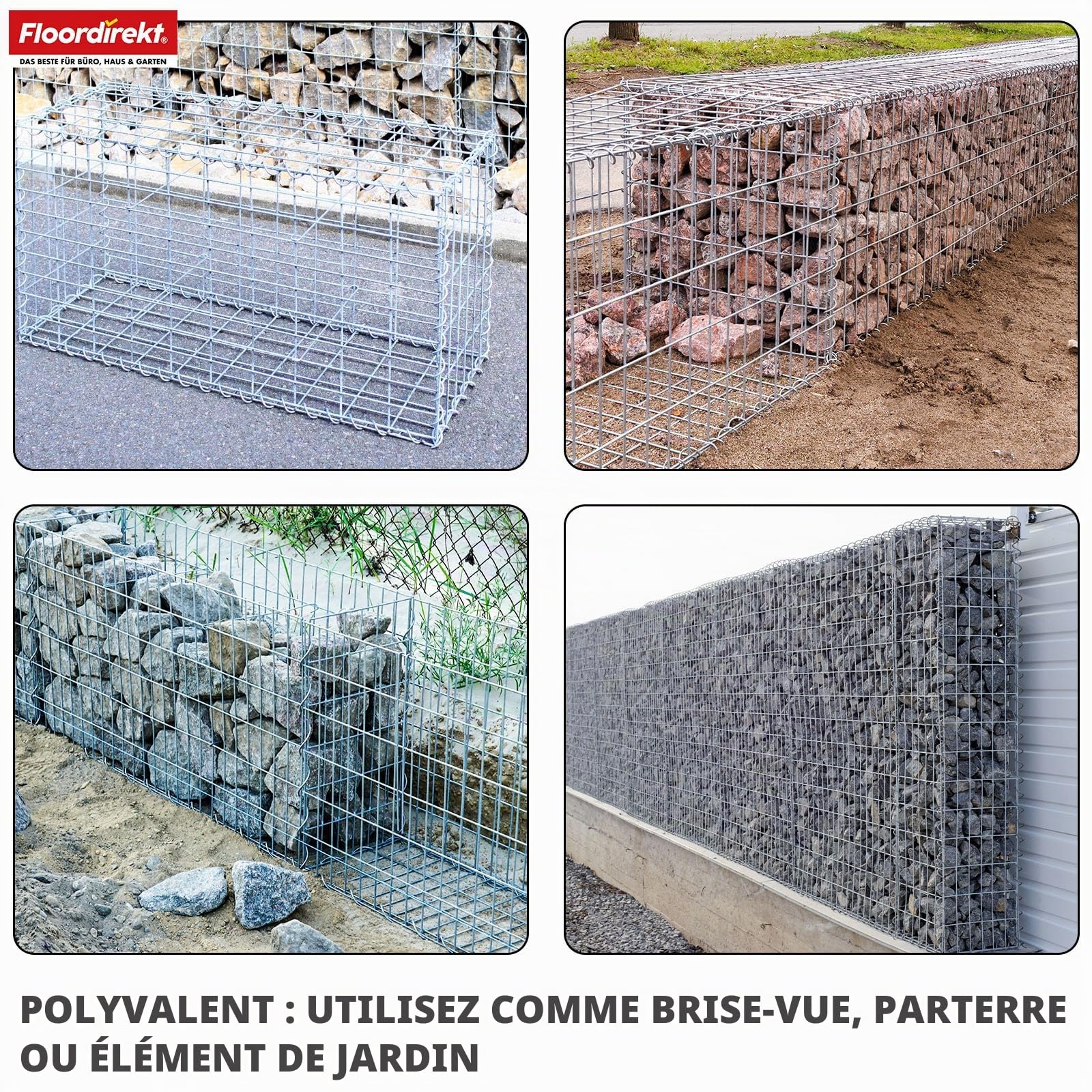 Floordirekt Gabion, panier à pierres en métal, 100x50x30 cm, panier en fil galvanisé avec une maille de 5 x 10 cm, mur de pierres comme clôture de jardin, grille de gabion comme brise-vue, Lenox