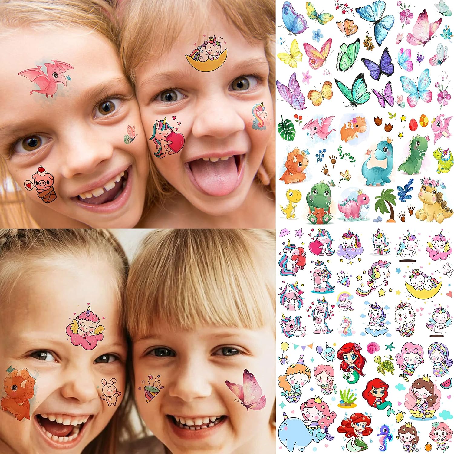 FANRUI 40 Sheets 266+ PCS Cartoon Cute Temporary Tattoos For Kids Girls Boys Face Arm Cholo, 3D Butterfly Dinosaur Temp Tattoos Unicorn Mermaid Animals, Children Tattoo Stickers Party Favor Supplies