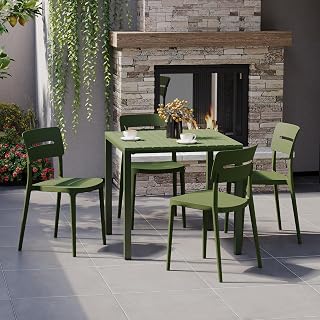 Outdoor Patio Furniture Set, 5 Piece Dining Table Set, Breakfast Coffee Bar Table and Chairs of 4, Stackable Dining Side Chair, Patio Bistro Deck Furniture, Olive Green