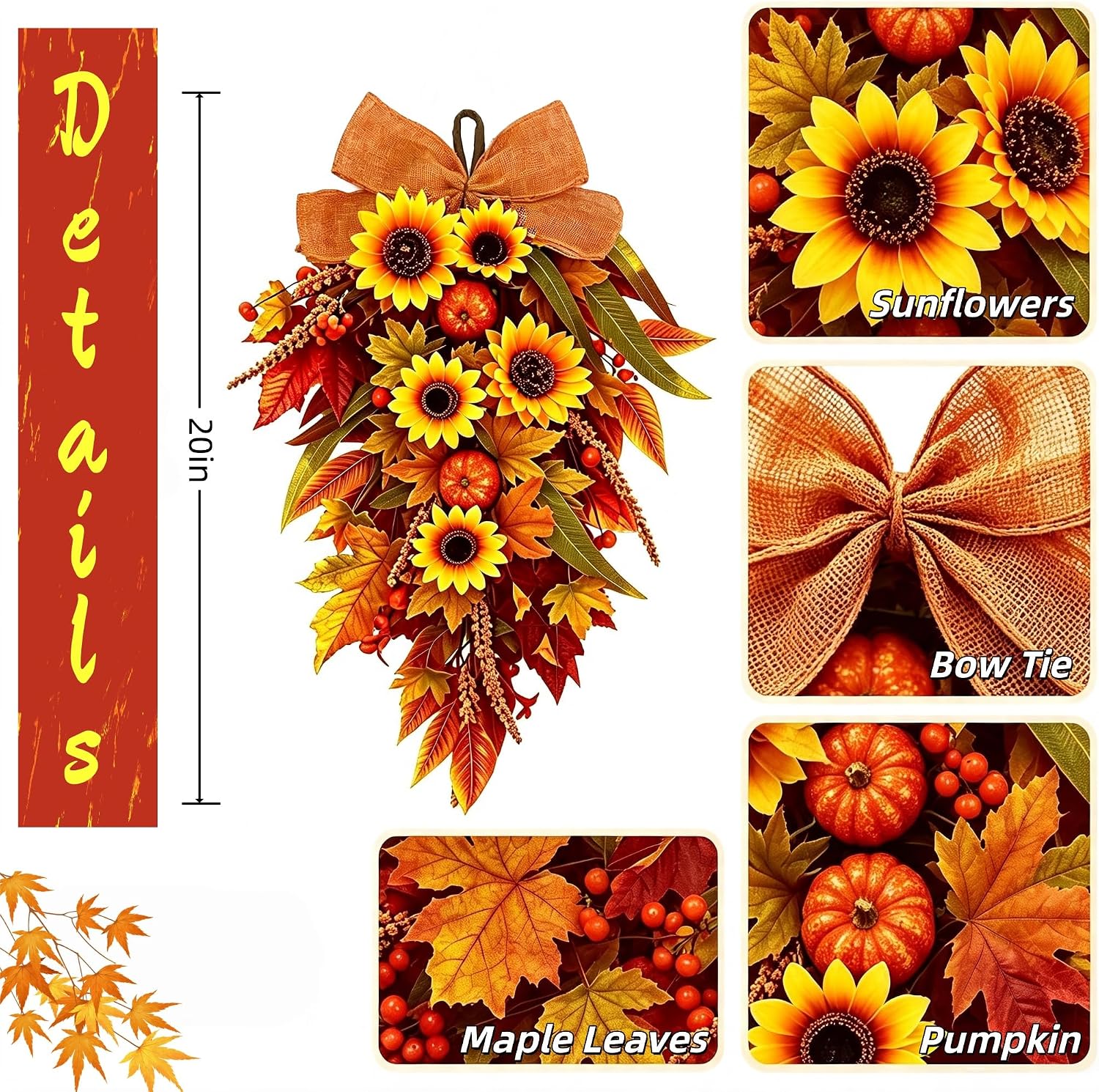 20" Fall Teardrop Swag for Front Door, Farmhouse Artificial Autumn Wreath