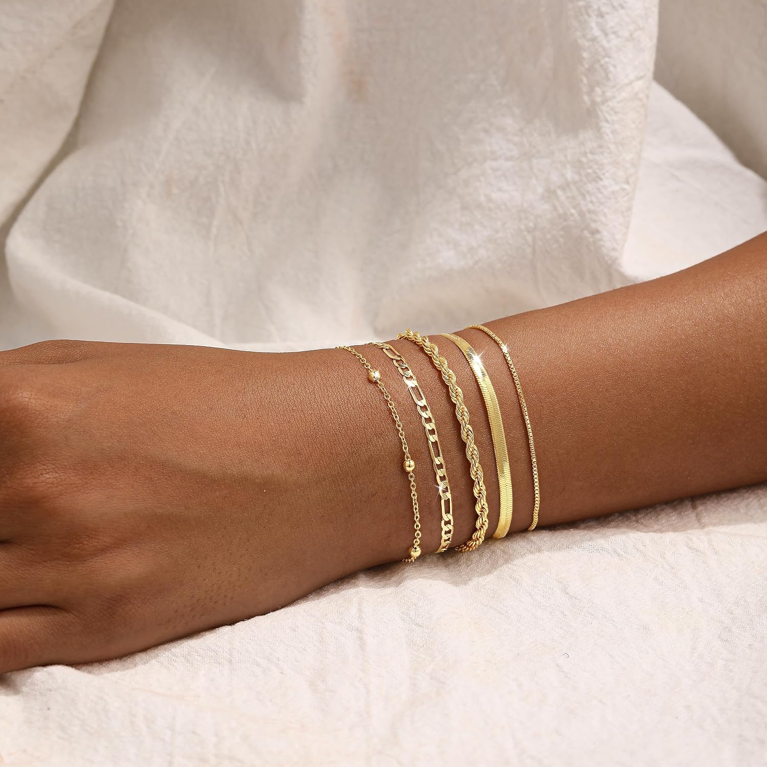 Warshion Gold Bracelets for Women Dainty 14K Gold Plated Stackable Bracelet Stack Set Trendy Thin Ring Bracelet Hand Chain Adjustable Beaded Chain Jewelry Gift Gold Accessories for Women