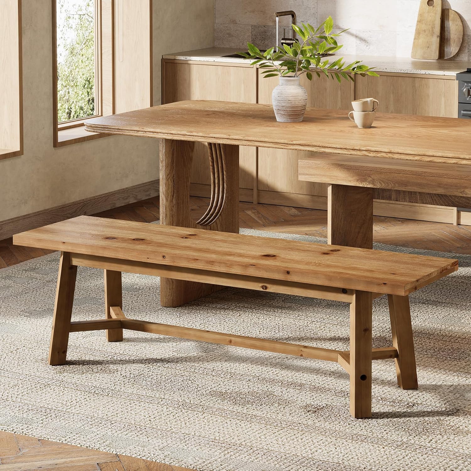 55.12-Inch Solid Wood Dining Bench, Farmhouse Long Kitchen Bench with Strengthened Legs for Dining Room, Kitchen, Restaurant, Natural Brown