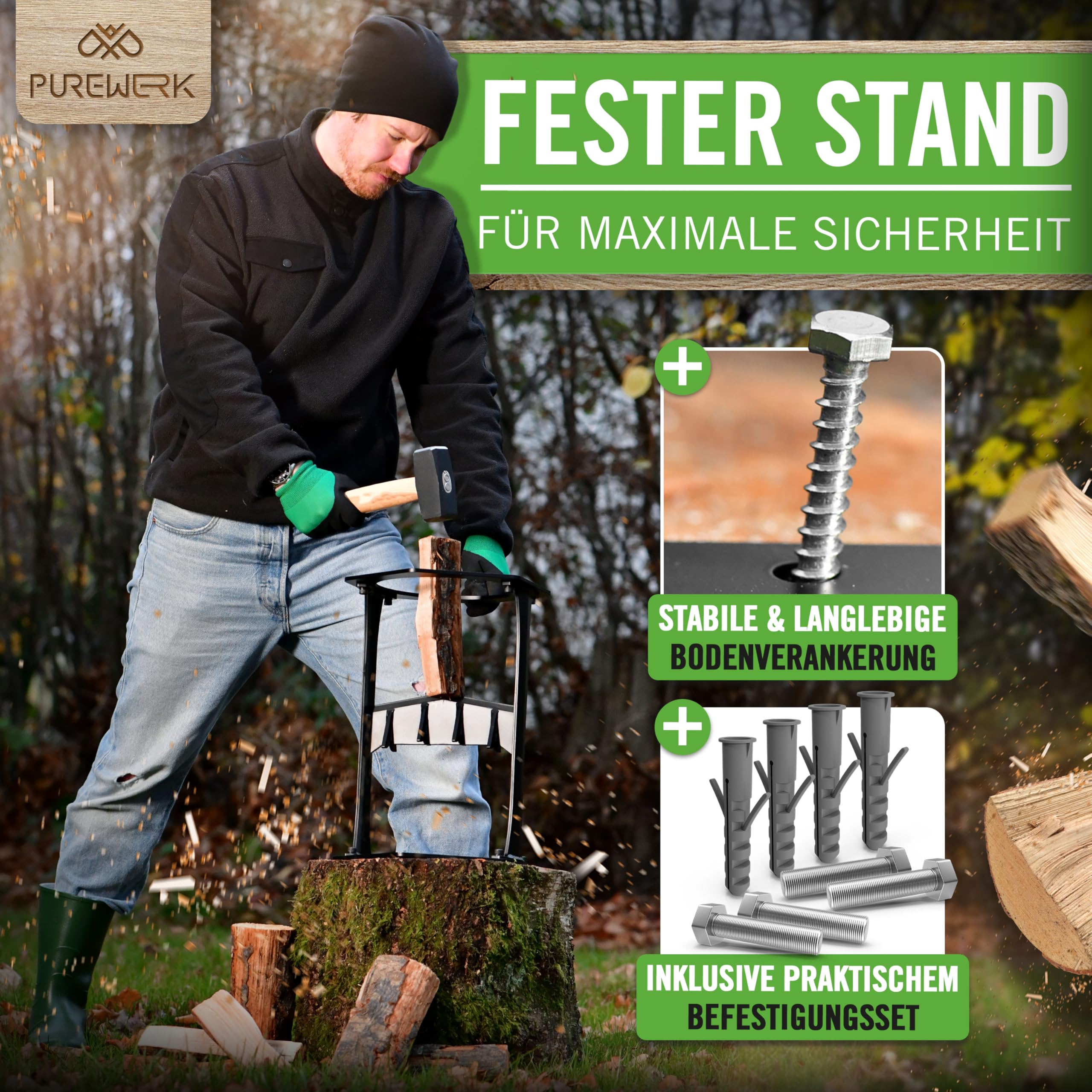 Holzspalter manuell [Ø 22 cm] - robuster Holz-Spalter für Anzündholz aus Kohlenstoffstahl mit extra-großem Durchmesser - inkl. Klingenschutz, Tasche & Zubehör zur Boden-Montage