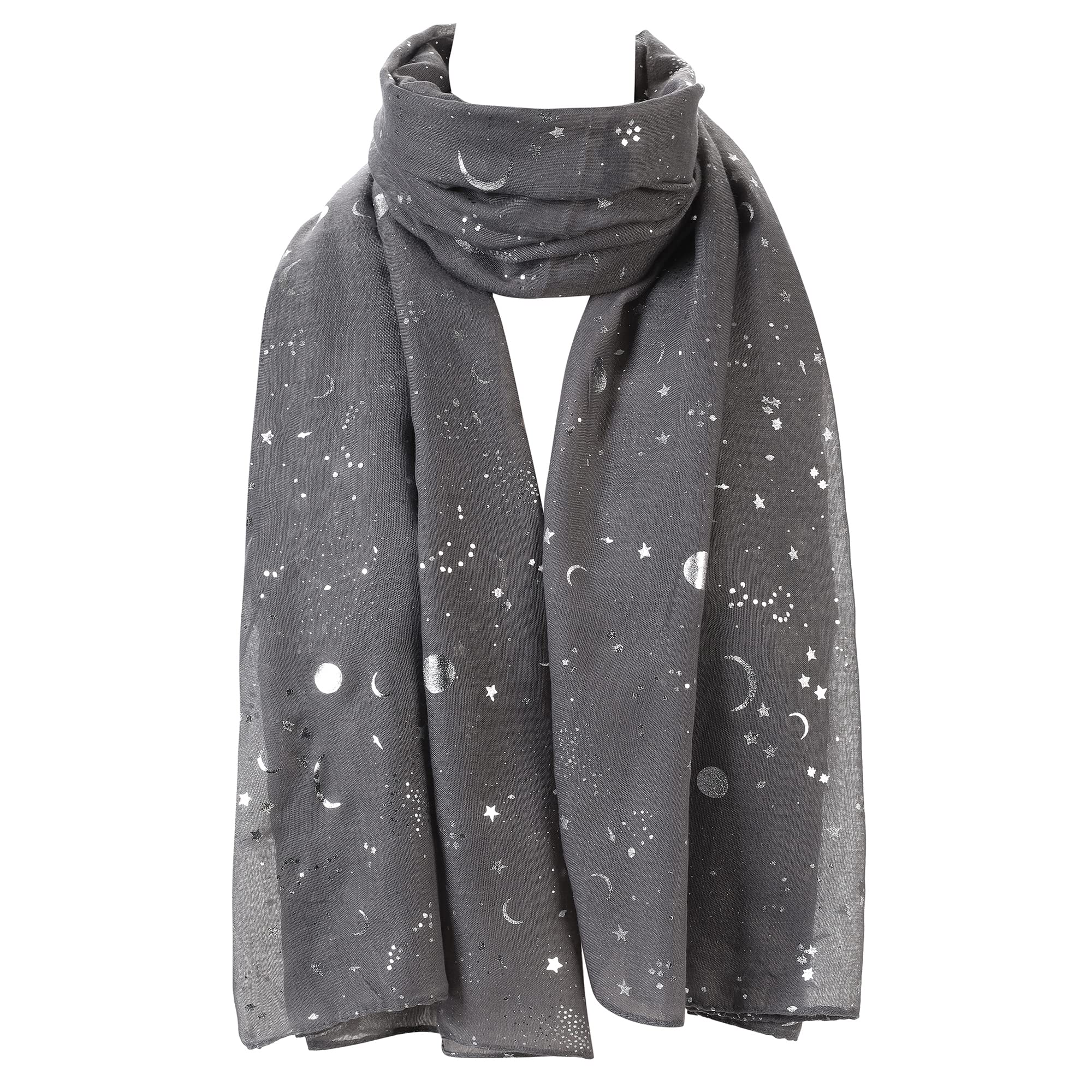 London Scarfs Women's Grey Silver Gold Glitters Shimmer Foil Stars Scarf Shawl Wrap (Grey)
