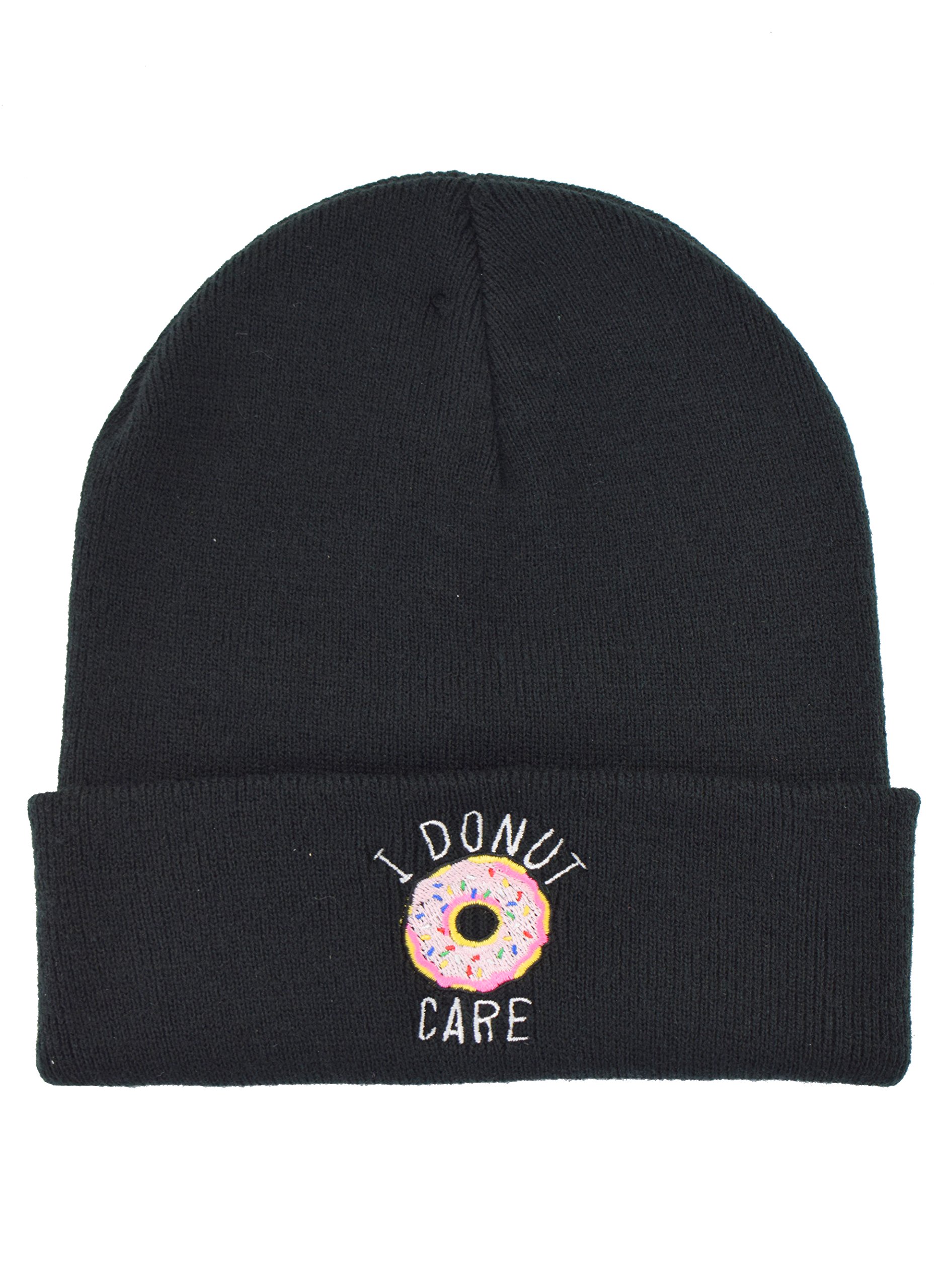 Donut Care Embroidered Alternative Kawaii Slogan Knitted Beanie Hat Black