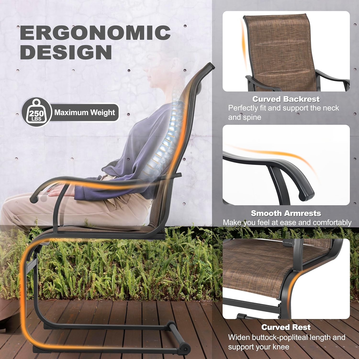 NUU GARDEN Patio Dining Chairs Set of 2, All Weather Outdoor Padded Textilene Patio Chairs, Breathable Spring Motion Textile High Back Outdoor Dining Chairs for Backyard, Lawn, Deck, Brown