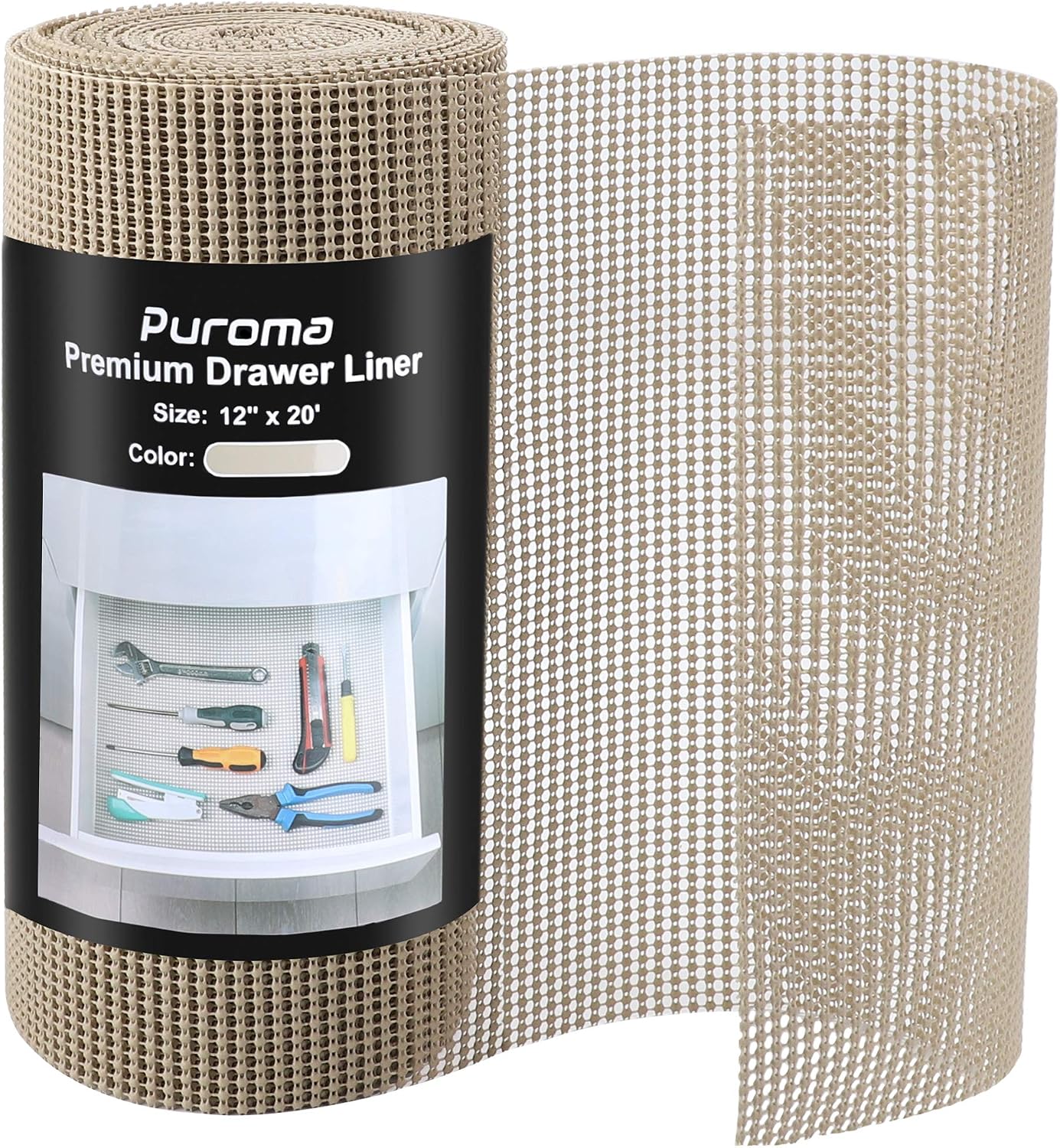 Puroma 12 Inch x 10 FT Drawer and Shelf Liner, Drawer Cabinet Non-Adhesive Protection, Durable and Strong Grip Liners for Drawers, Shelves, Kitchen, Cabinets, Storage, and Tables (Beige)