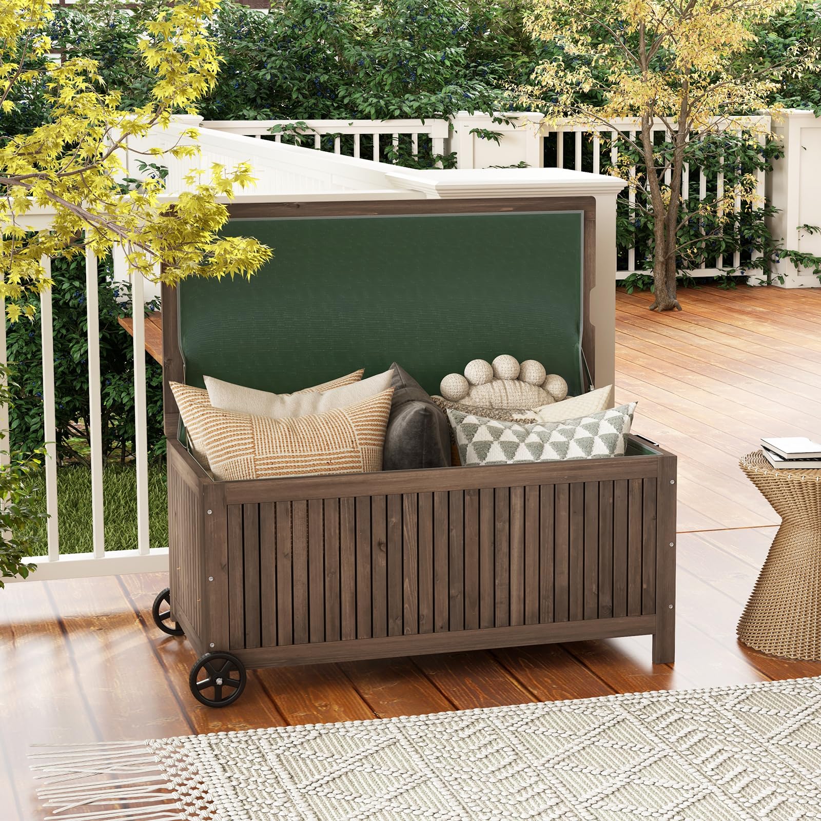 COSTWAY Gartenbox Holz 213 L, Aufbewahrungsbox mit Rädern, Kissenbox mit wasserdichter PE-Auskleidung, Auflagenbox mit Deckel & Griff, für Garten Terrasse, 114 x 58,5 x 51 cm, Braun