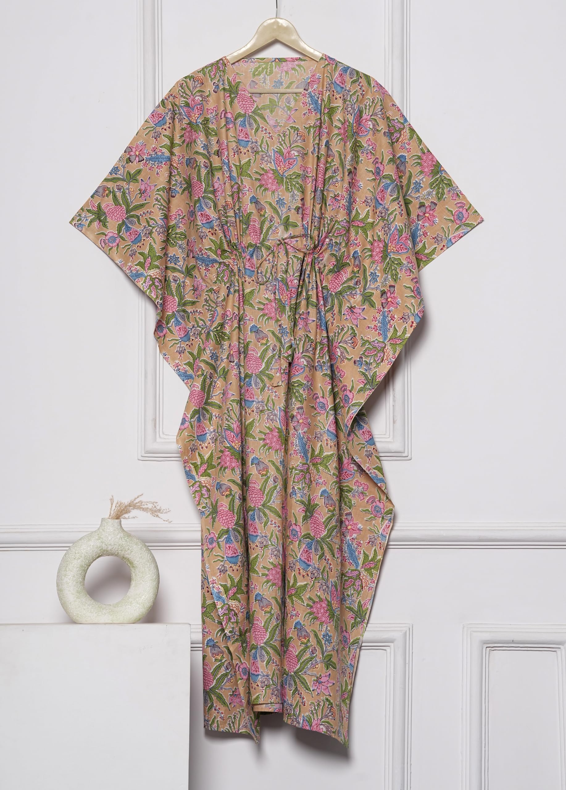 INDACORIFY Robe Caftan en Coton Longue Tenue décontractée à Fleurs Bloc imprimé Caftan Maxi Robe Tunique d'été en Coton pour être Maman