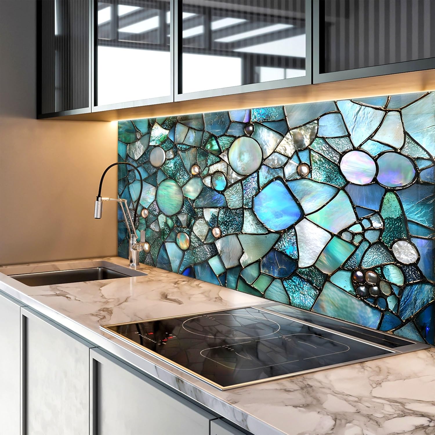 Myphotostation 30Wx16H'' Ocean Jewel Iridescent Mosaic Tempered Glass Backsplash, Glass Splashback For Kitchen, Stove Wall Protector, Cutting Board, Cooker Wall Panel, Stove Back Cover