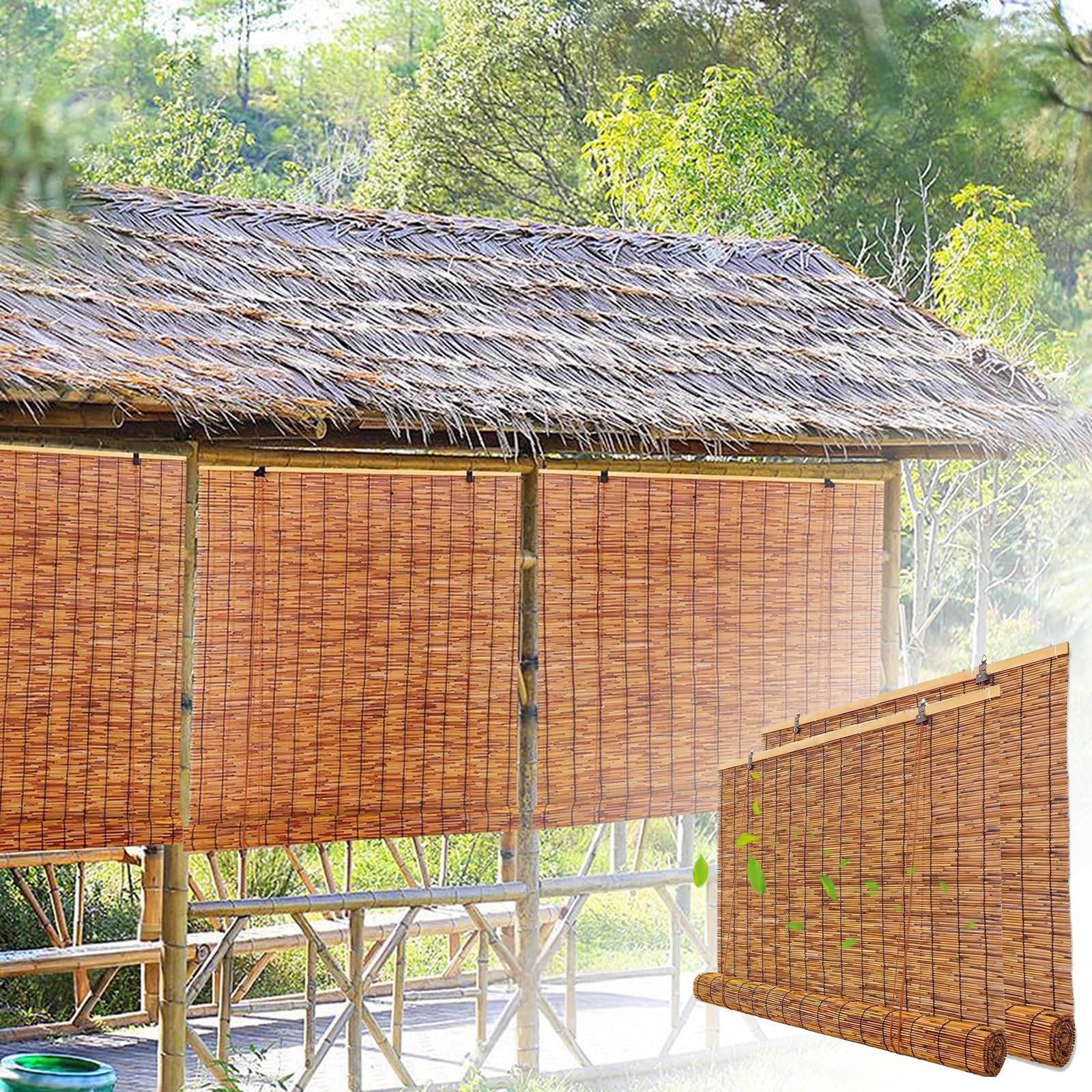 CMJYMX Roman Roller Blinds Anti-UV Outdoor Bamboo Roll Up Shades Brown Bamboo Blinds With Lift, Easy Installation Sun Protection Window Curtains(120x170CM/47x67IN(WxH))