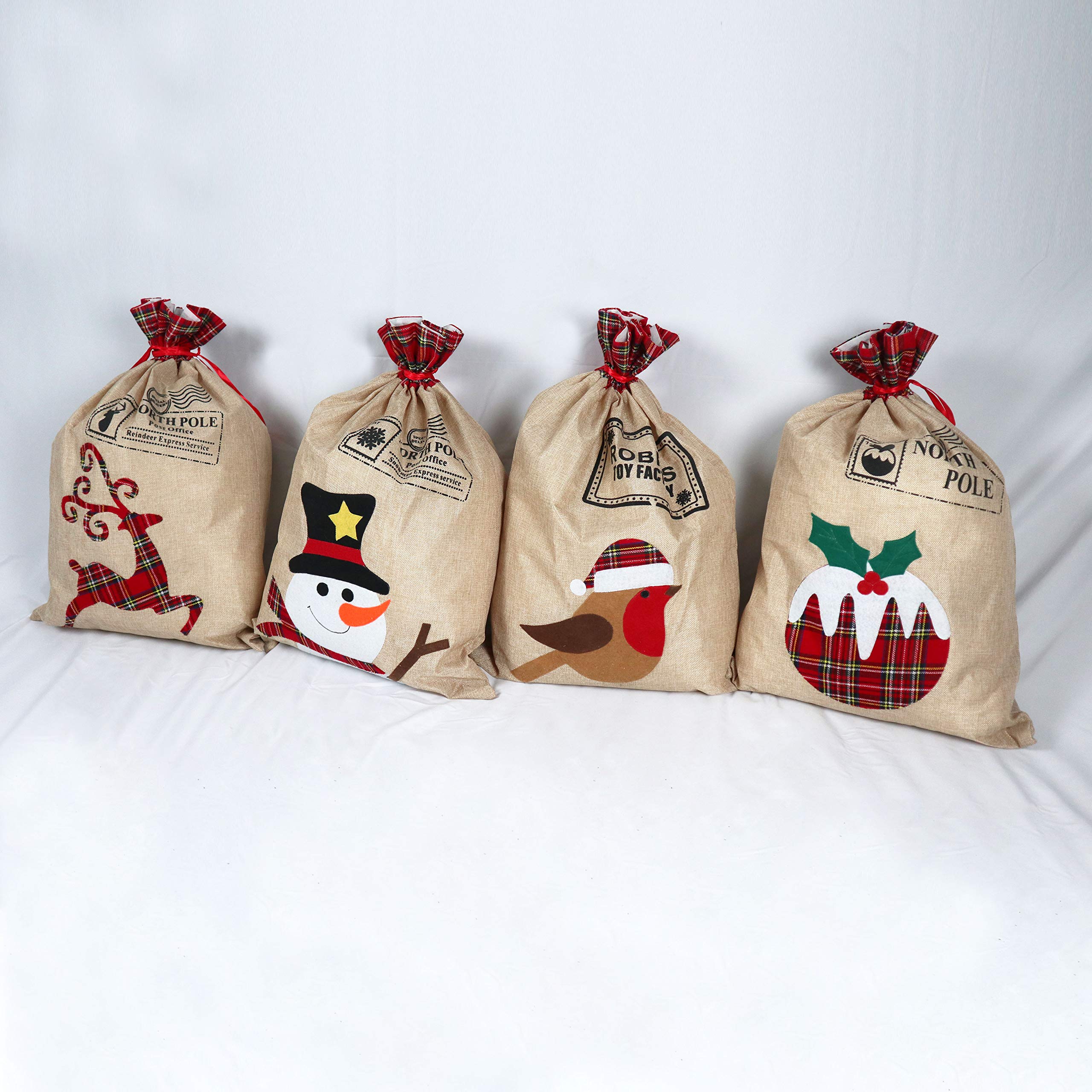 4Pcs Santa Sacks 70x50cm Assorted, Burlap Hessian Linen Christmas Bags, Christmas Pudding, Reindeer, Robin, Snowman Designs