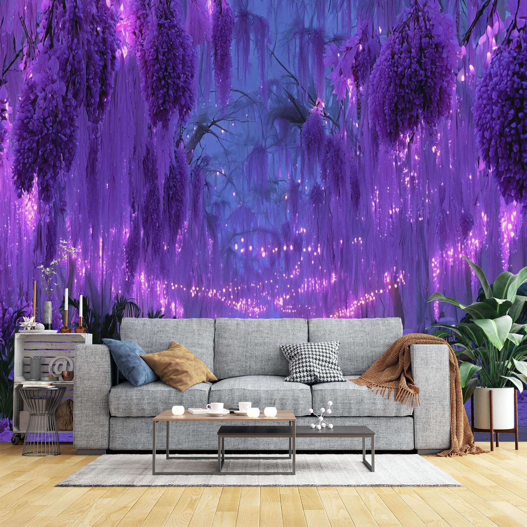 Custom Size Wall Murals Purple Wisteria Tunnel with Lights Wall Murals Magical Floral Wallpaper, 3D Self-Adhesive Removable Wallpaper for Bedroom