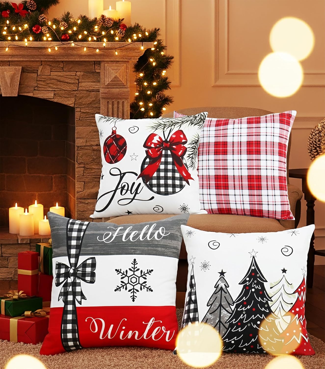 PurpleEssences Red Throw Pillow Covers, 18 x 18 Inch Christmas Winter Holiday Cushion Case Decoration for Sofa Couch Set of 4 - Red - Tartan Plaid/Joy/Hello Winter/Tree