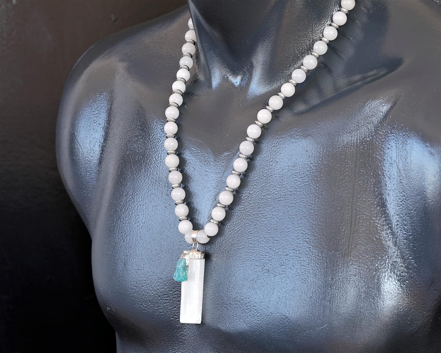 ElisaJewelryArt - Natural Raw Selenite With Tourmaline Crystal Beaded Necklace Genuine Selenite Gemstone Memory Stone Clasp Closure Necklace Unisex Necklace - Image 3